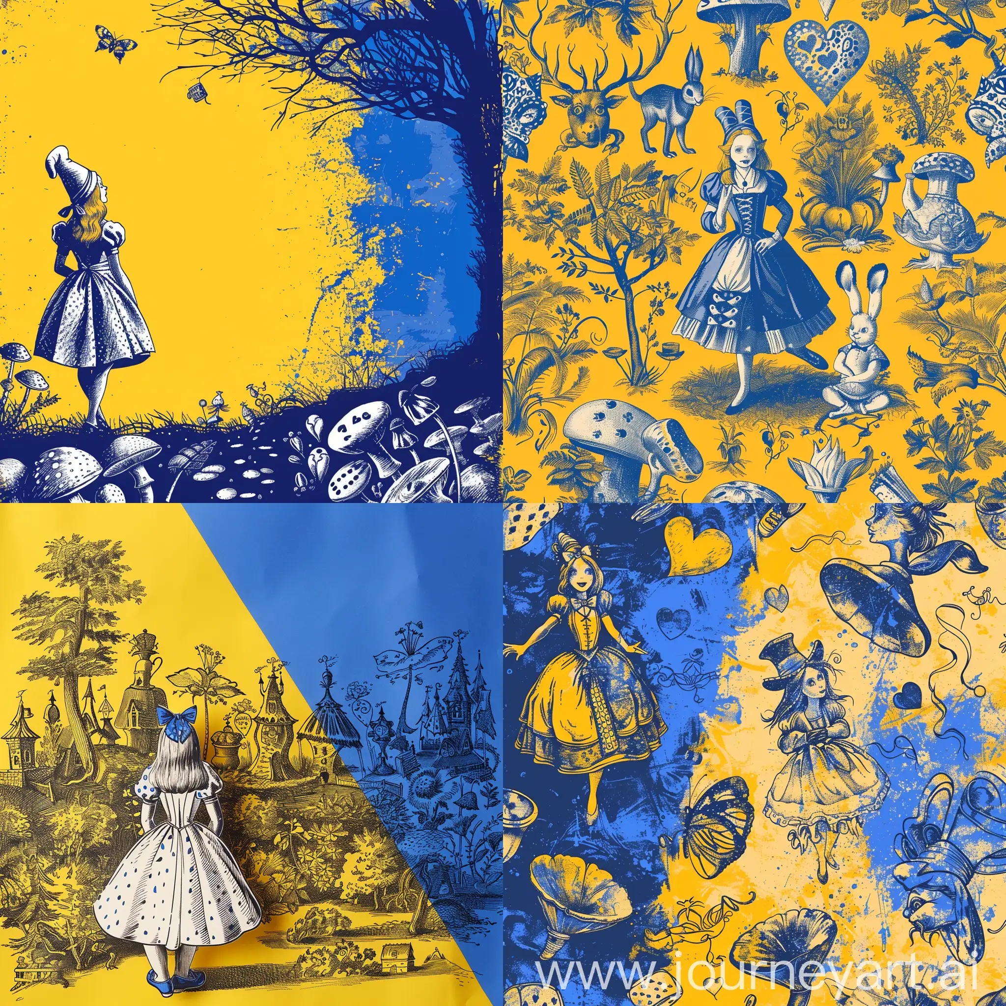 fond de couleur jaune et bleu avec des dessins liés à Alice au pays des merveilles