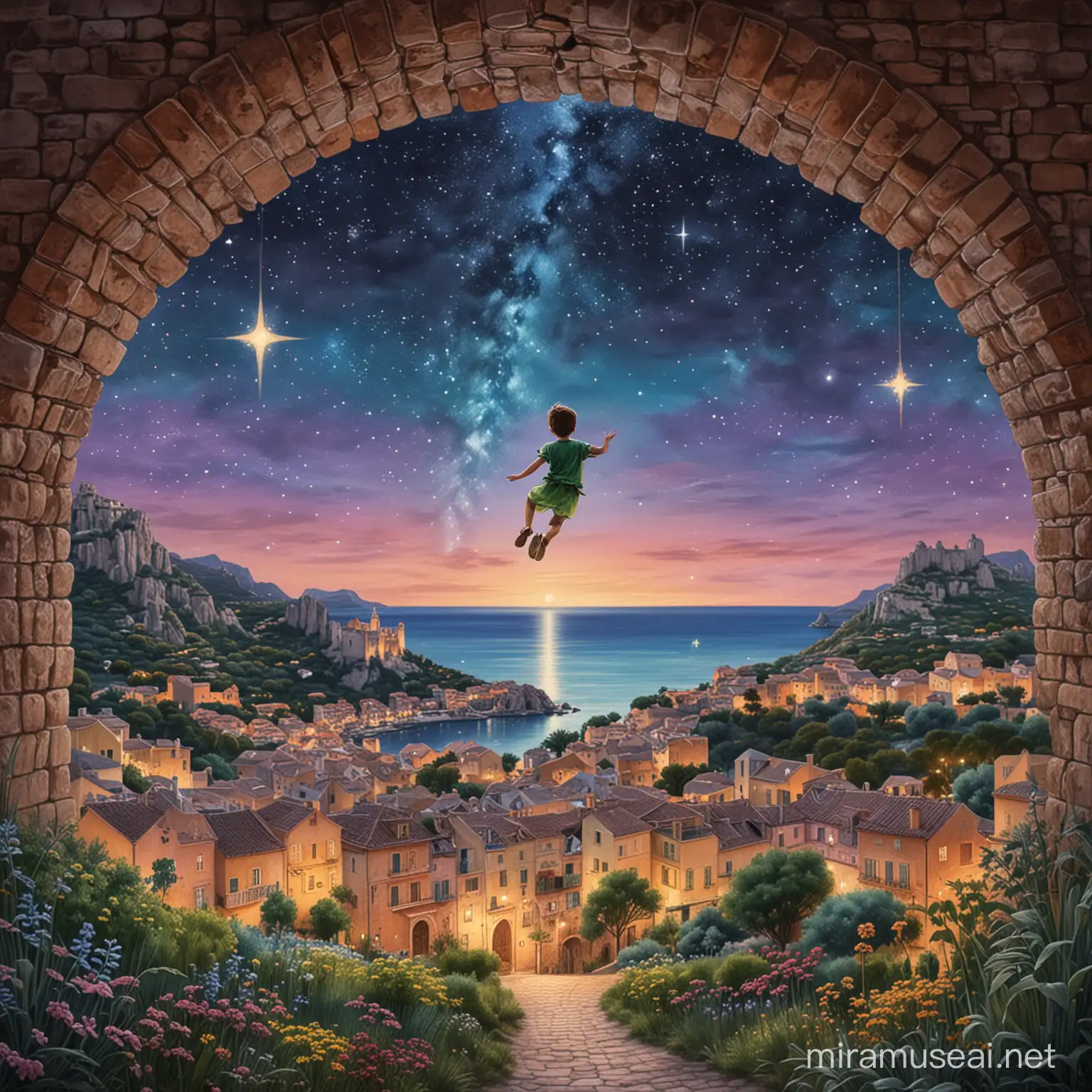 image tons pastels décors divinatory art multiple island full of vegetation peter pan child flying sparkly night sky include Building of bierkönig mallorca