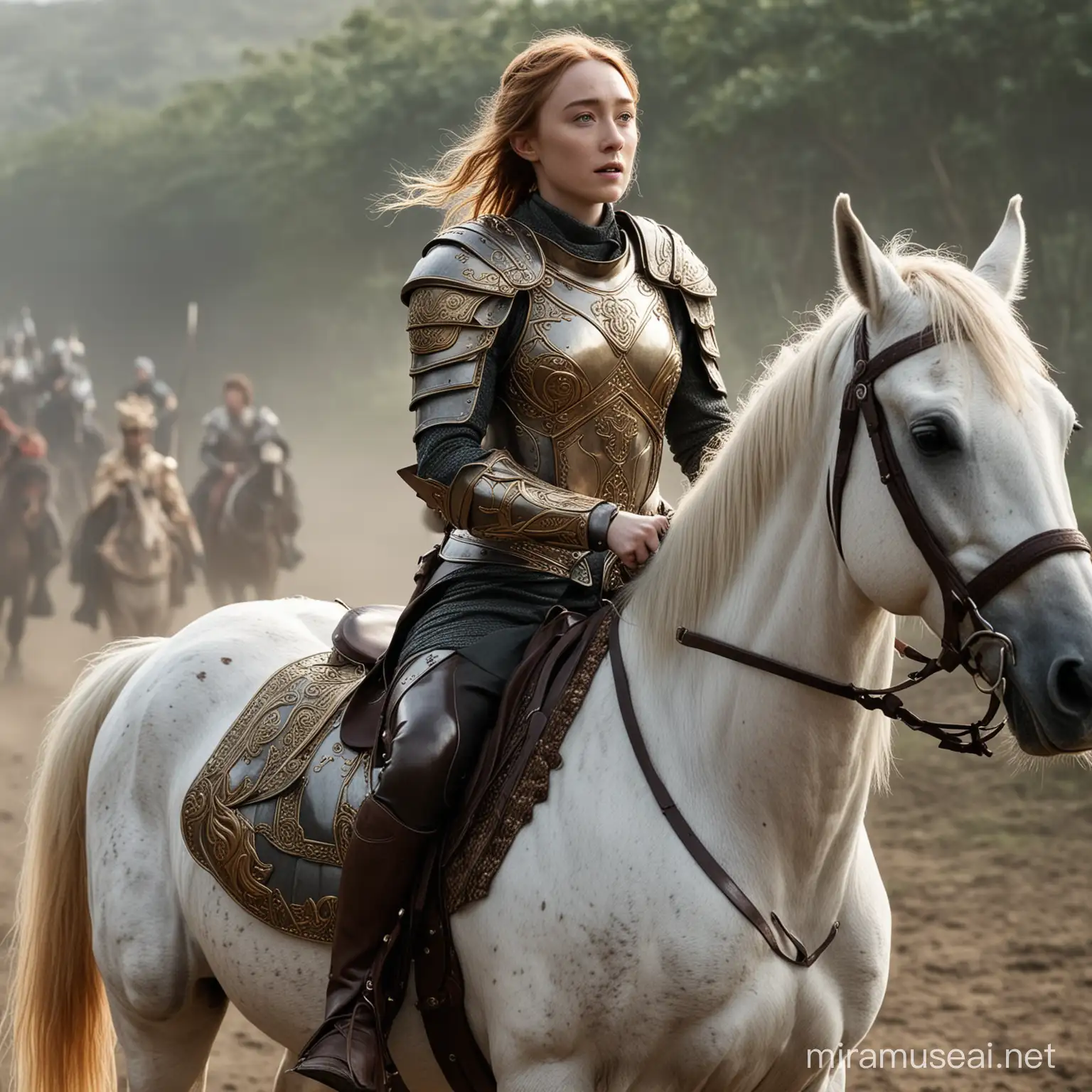 Saoirse Ronan wearing inalid paladin armor riding a horse into a battle