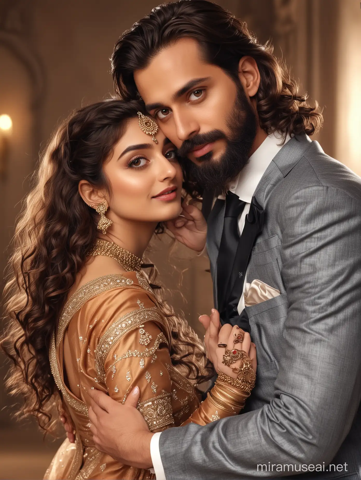 full photo of most beautiful european couple as most beautiful indian couple, most beautiful girl in elegant saree and long curly hairs, big wide eyes, full face, makeup, girl embracing man from back side, . hands around man neck, man with stylish beard, formals, photo realistic, 4k.