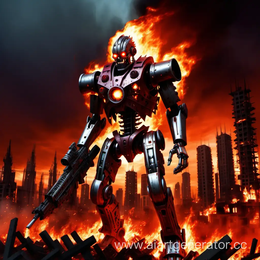 robot, endoskeleton, metal head, reg eye, One eye, Metal armor, Burning city, Fire, chaos, red sky, Flamethrower, guns, Cyber weapon, explosions, Knight's Armor
