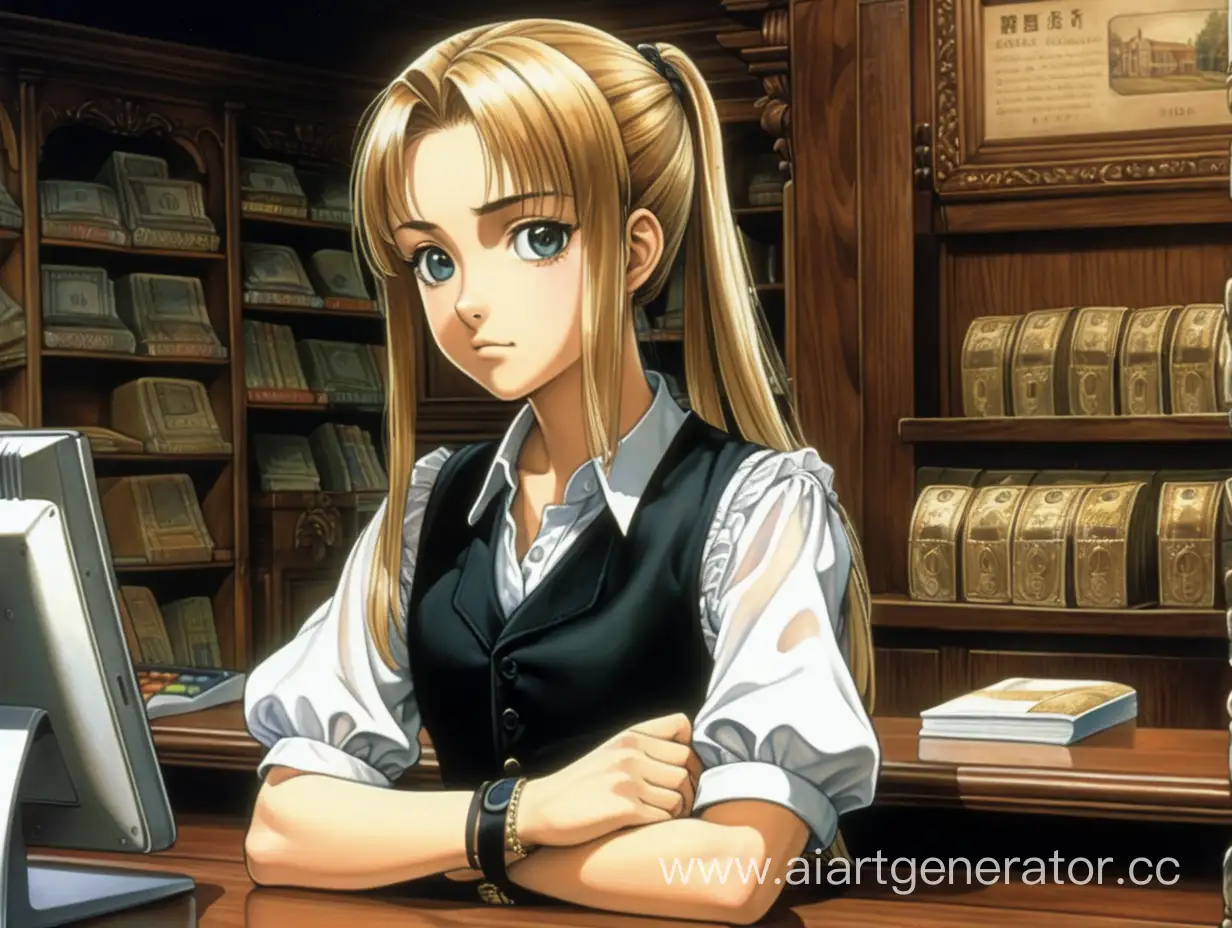 Girl, birthmark on left cheek, black waistcoat, white shirt, medieval bank building, front view, behind the counter, dim lighting, studying gaze, gaze directed at the viewer, anime 90s style