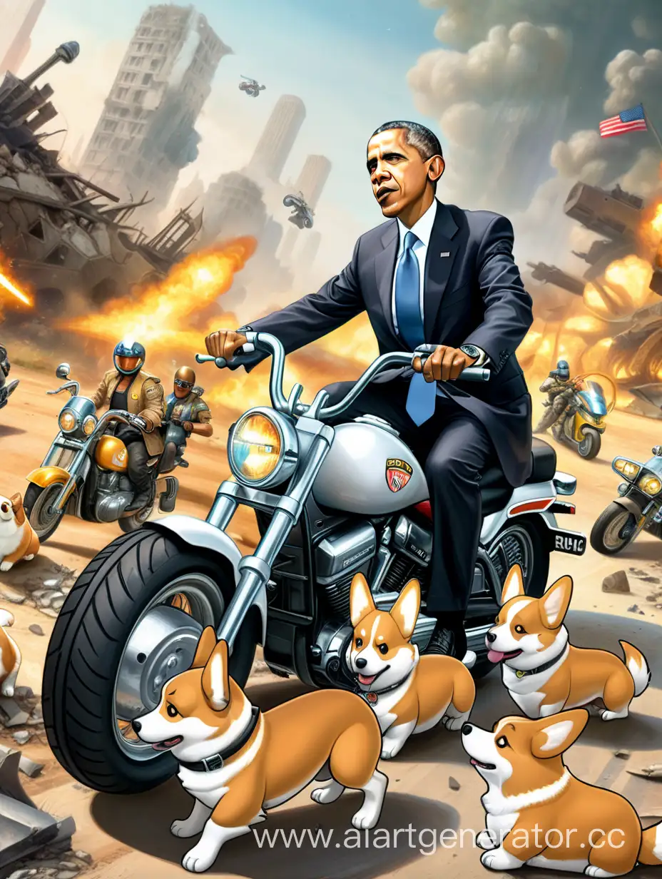 Obama-Riding-a-Motorcycle-with-Corgis-through-a-PostApocalyptic-Landscape-to-a-Gamers-Club