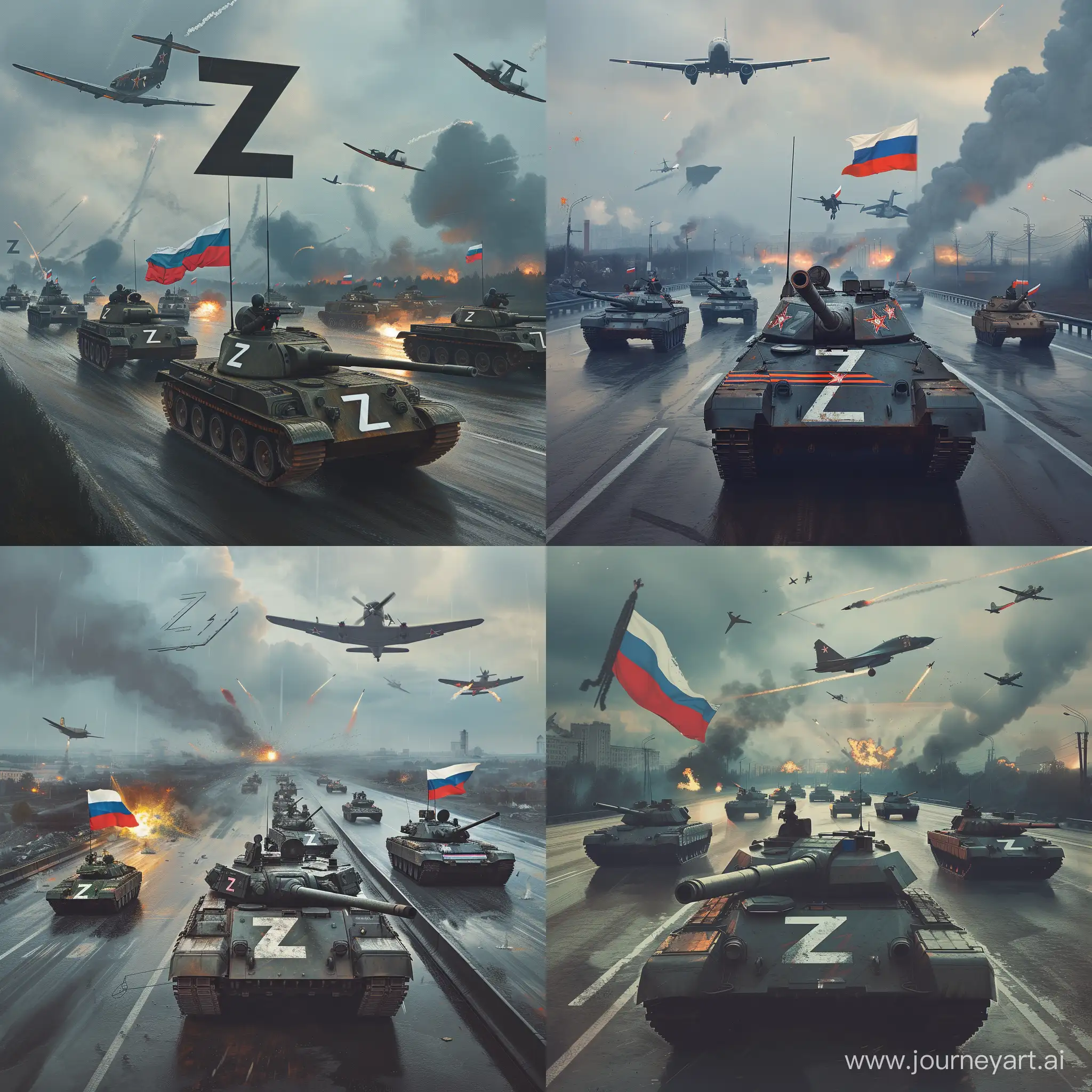 Российские Танки и другие военные машины на которых нарисована буква Z едут по дороге, над ними летают военные самолеты, погода пасмурная, вдали виднеются клубы дыма и зарево от взрывов, на танке Российский флаг