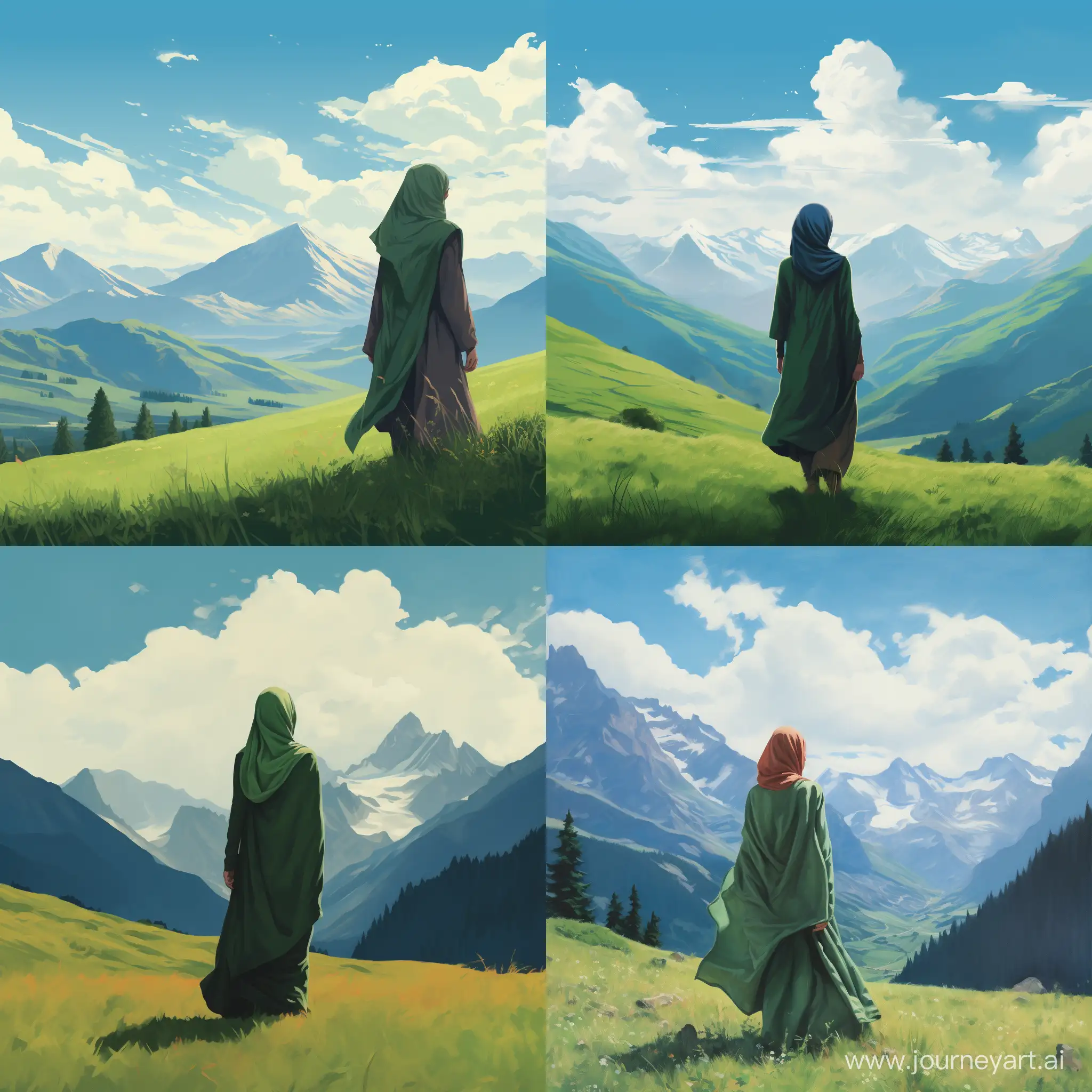 Горы высокие, между ними девушка стоит на зелёной траве, она одета в широкий хиджаб закрывающий всё тело, руки и лицо не видны, она стоит спиной и смотрит в даль, небо голубое