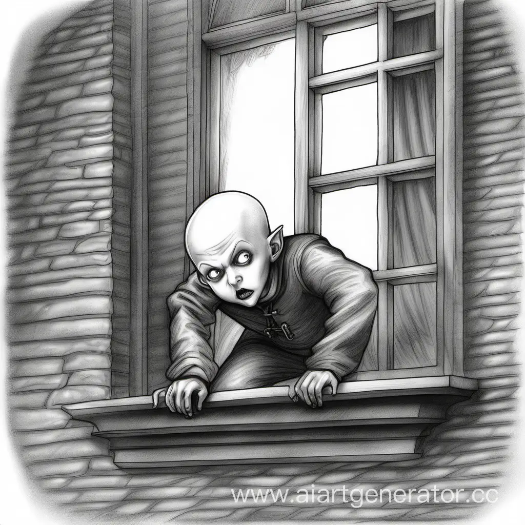 мальчик-вампир с лысой головой лезет в окно спальни. Рисунок карандашом.