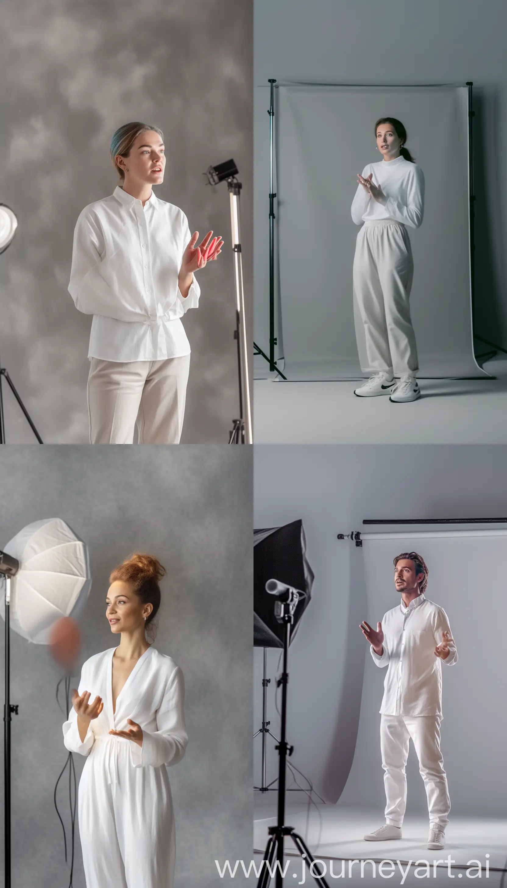 A stylish infoproducer dressed in white speaking to the audience with a gray studio photography backdrop, natural lighting leaking in body --v 6 --style raw --ar 4:7 --q .25 