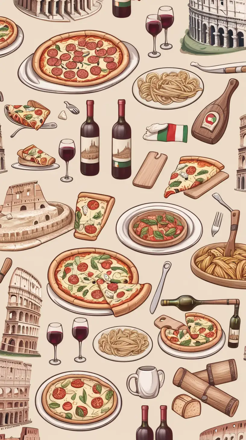 create a cartoon, ongoing pattern with italy themed items, pizza, pasta, canoe boats, colosseum, and wine.