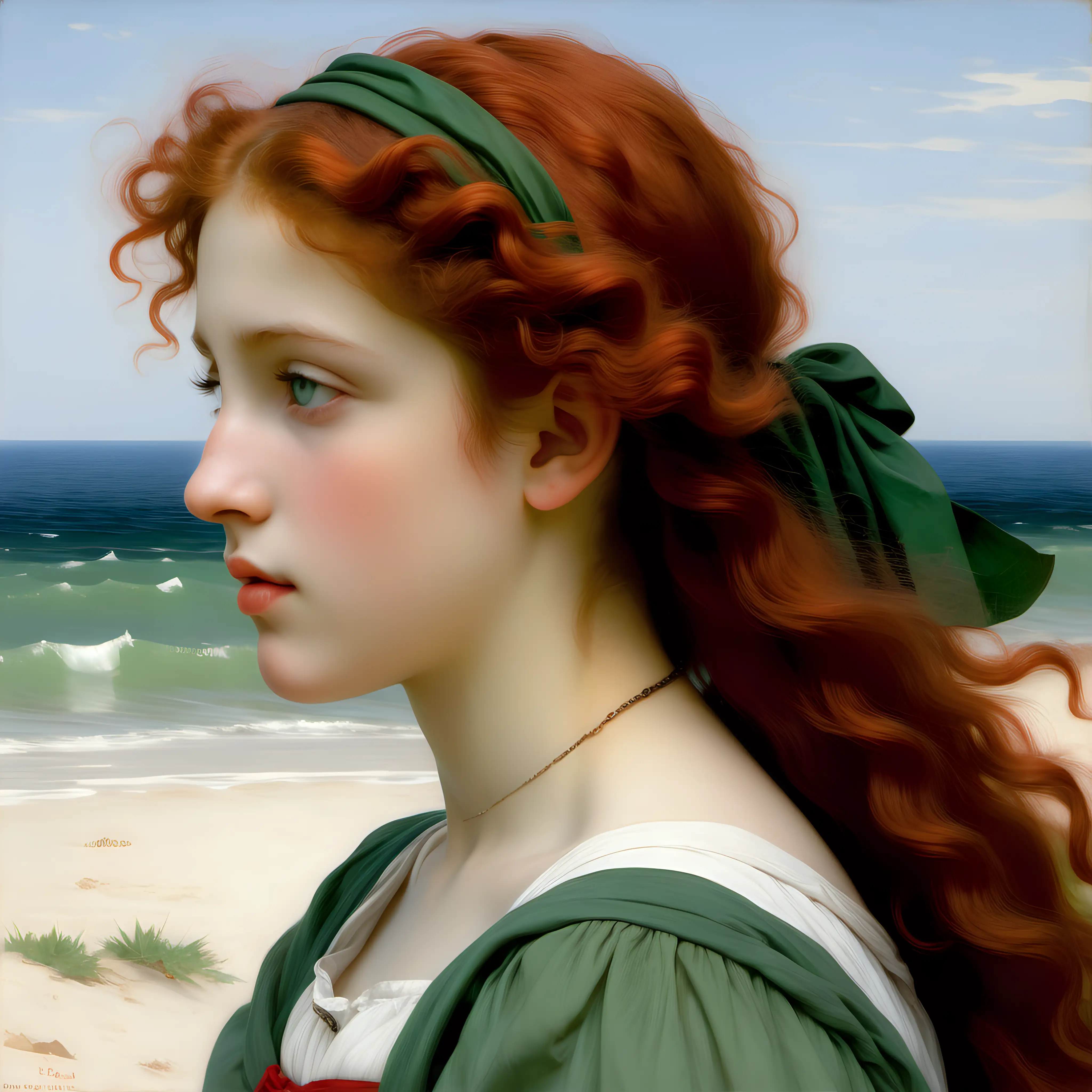Bouguereau Portrait Stunning GreenEyed Girl with Red Hair at Beach