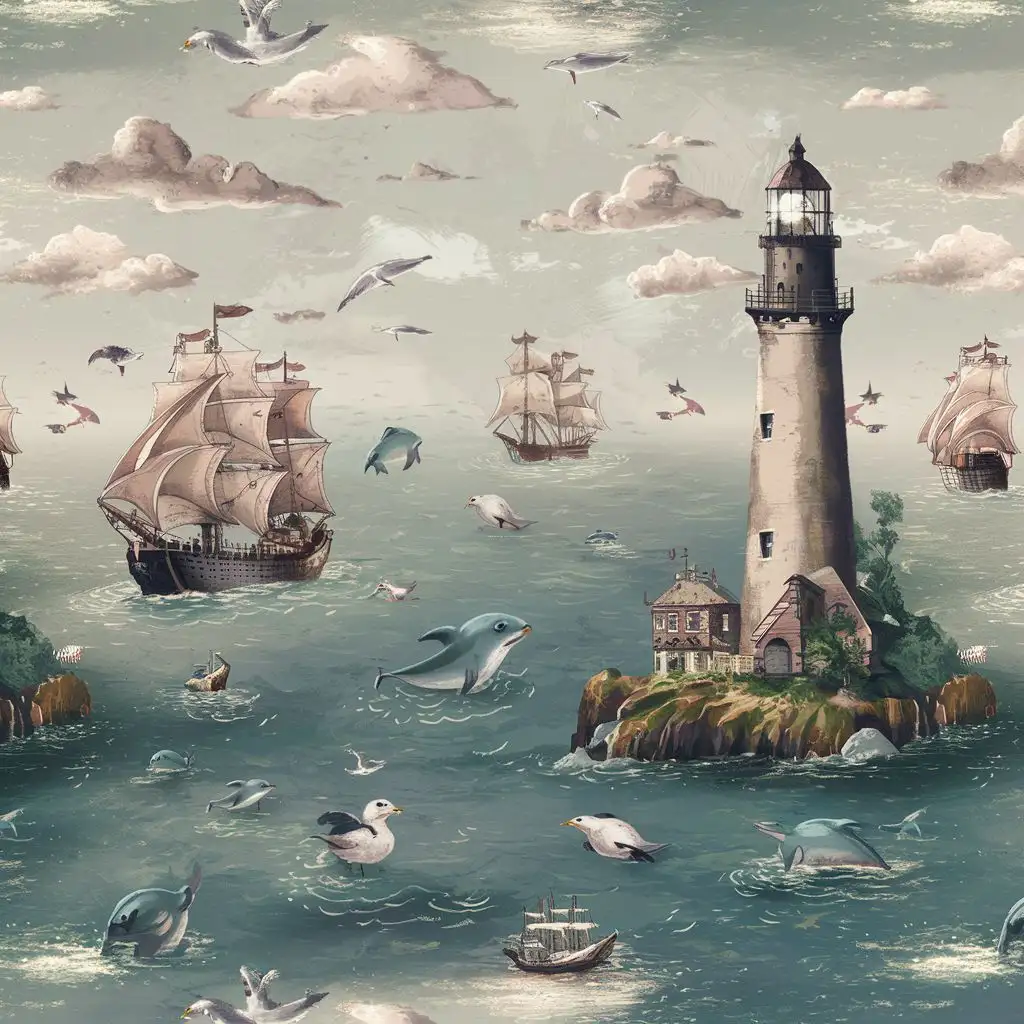 Maritime-Adventure-Ships-and-Lighthouses-Amidst-Sea-Creatures-and-Coastal-Vistas