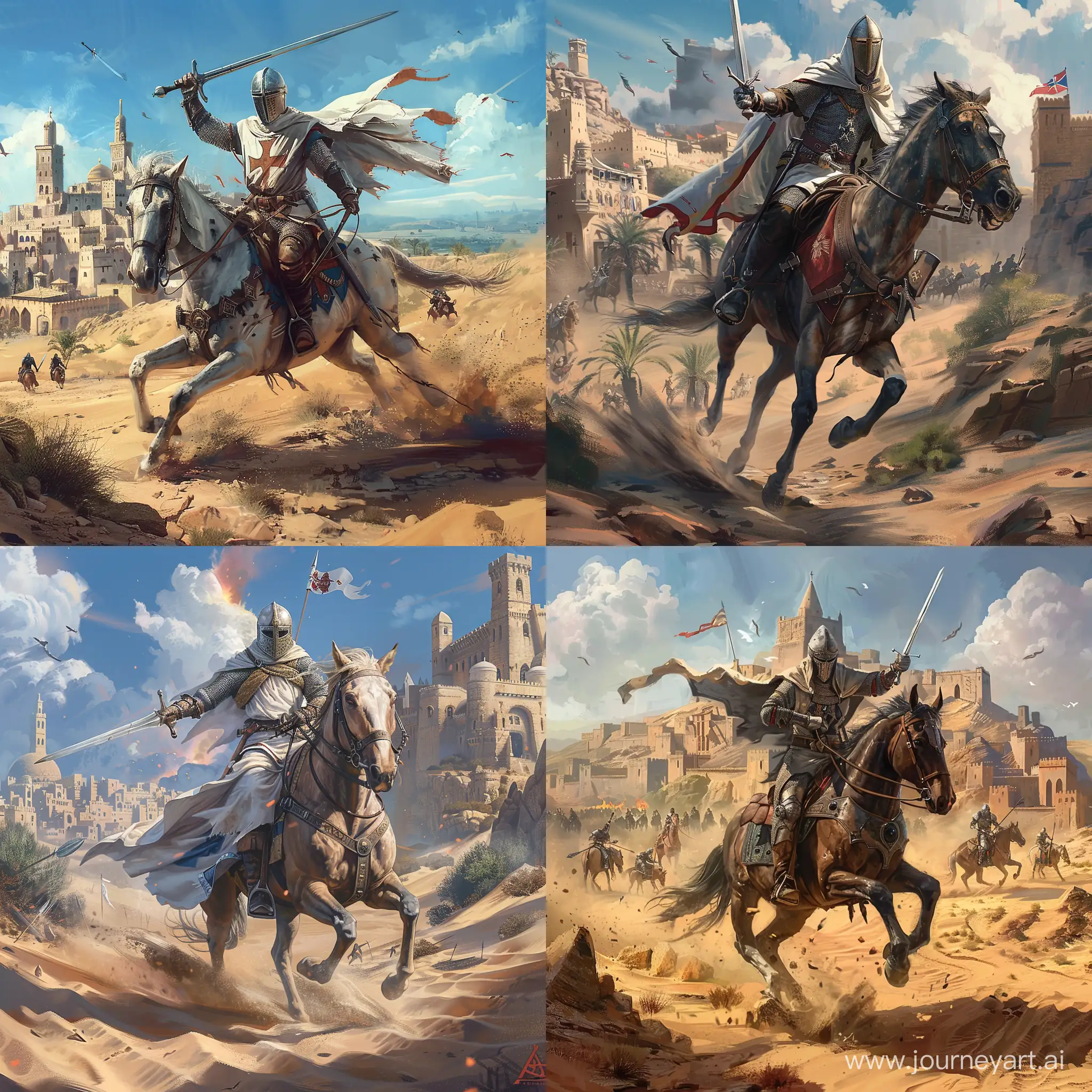 Crusader knight on horseback galloping through the desert with sword in right hand, battle setting, beautiful town in the background
