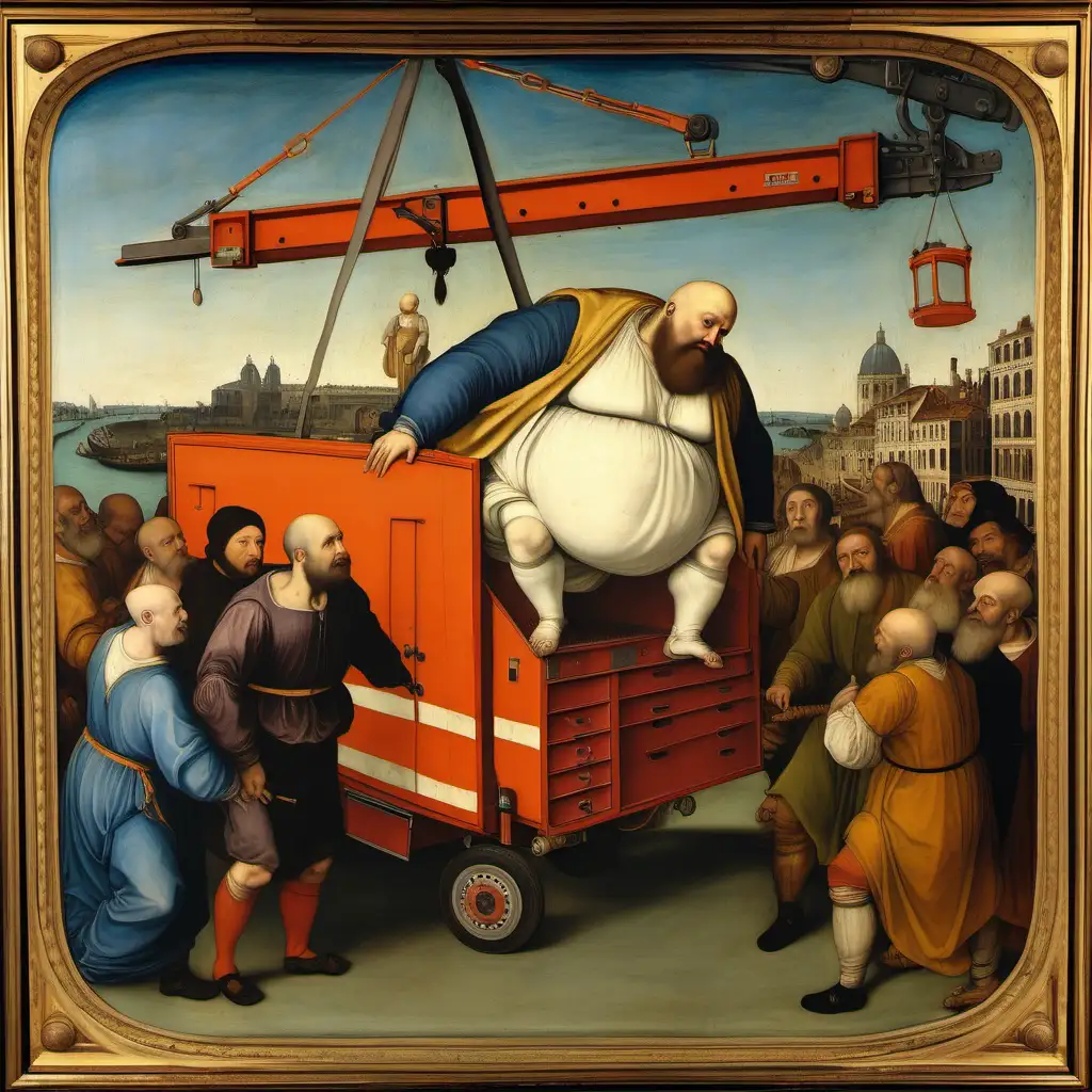 Obese Man Airlifted into Ambulance Renaissance Depiction of Emergency Rescue