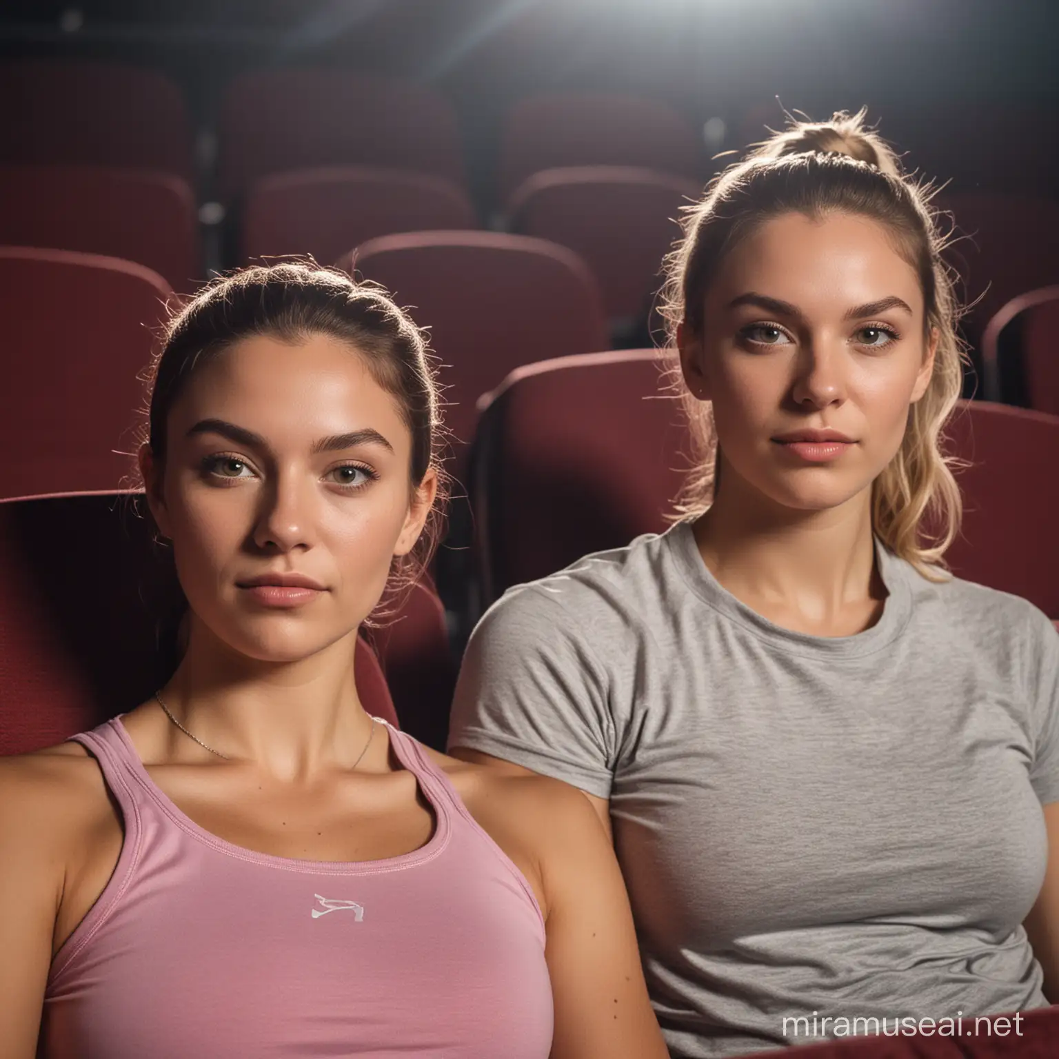Close up of two young women in fitness clothes that sit alone in a movie theatre. They both look into the camera as they speak. 