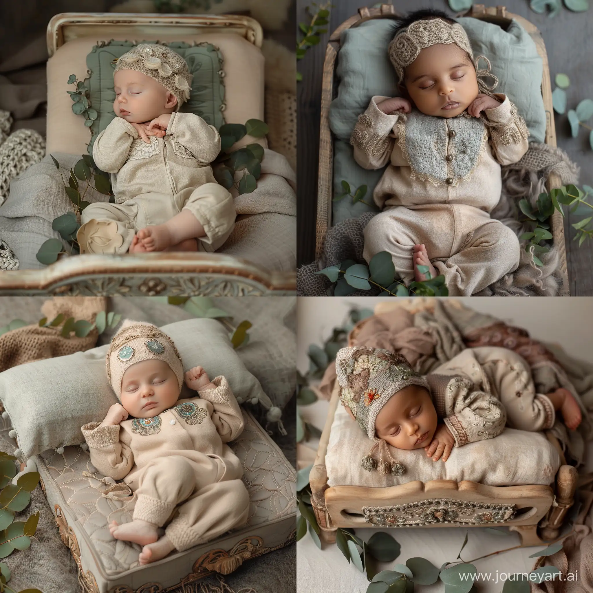 Newborn-Baby-Sleeping-on-EucalyptusColored-Bed-with-Beige-Jumpsuit