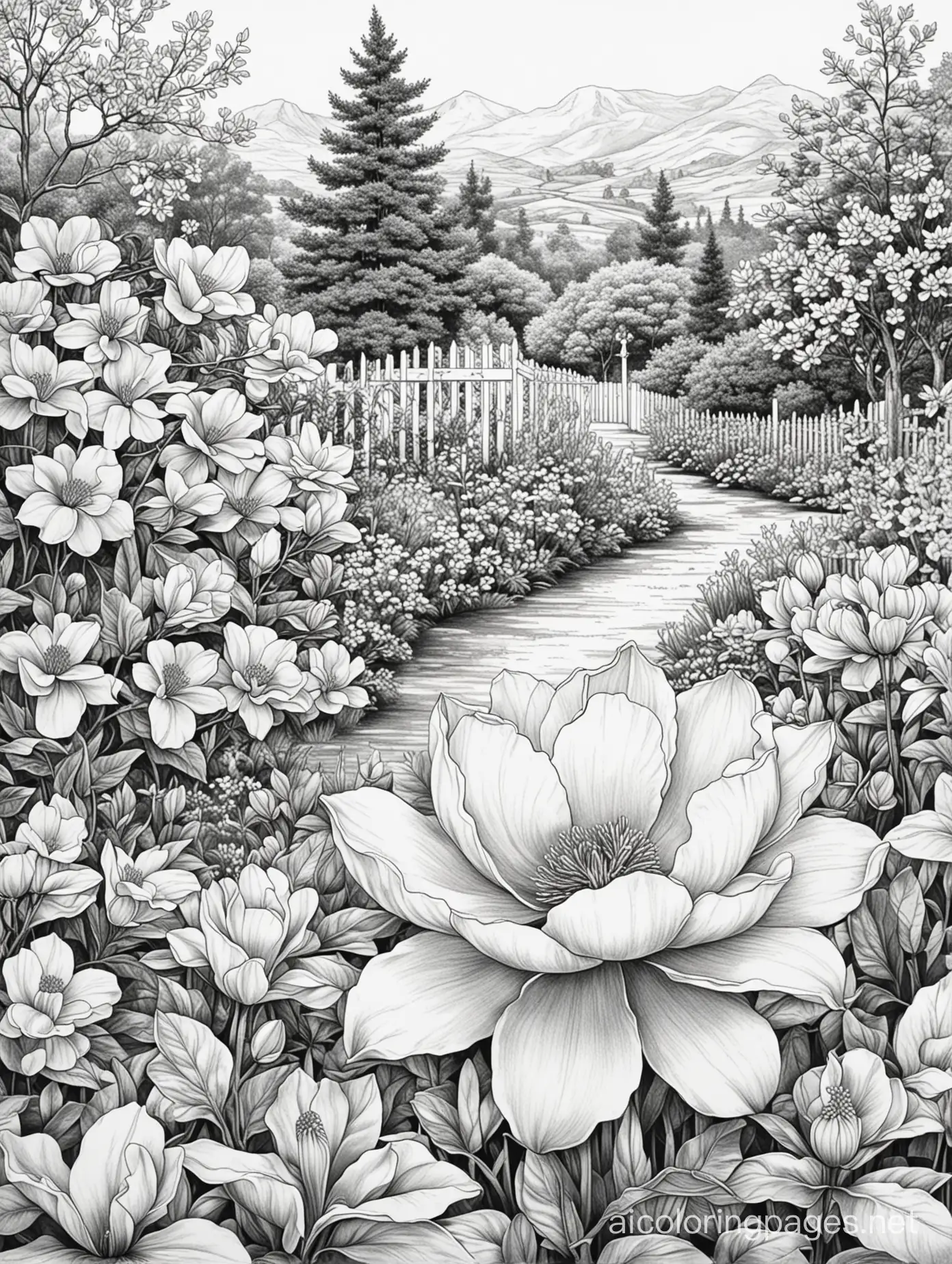 Create a picture for adult colouring in black and white only.  The theme of the picture: British garden. gardening. Sketching style, ink, line drawings.Magnificent magnolia in bloom There are also evergreen trees in the picture The detail of the picture is medium. there are light hills in the background Ratio 11:8.5, Coloring Page, black and white, line art, white background, Simplicity, Ample White Space. The background of the coloring page is plain white to make it easy for young children to color within the lines. The outlines of all the subjects are easy to distinguish, making it simple for kids to color without too much difficulty