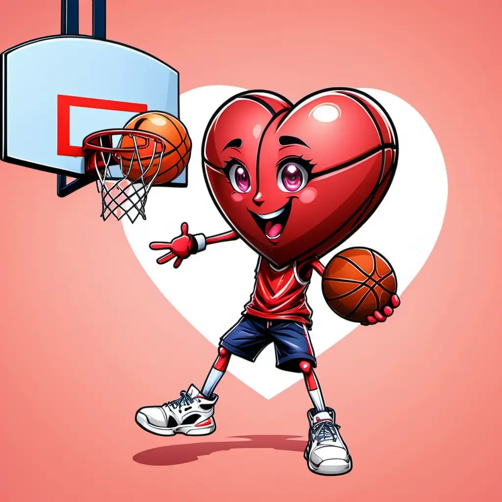 Create anime cartoon heart character, action with basketball, fast, basketball court