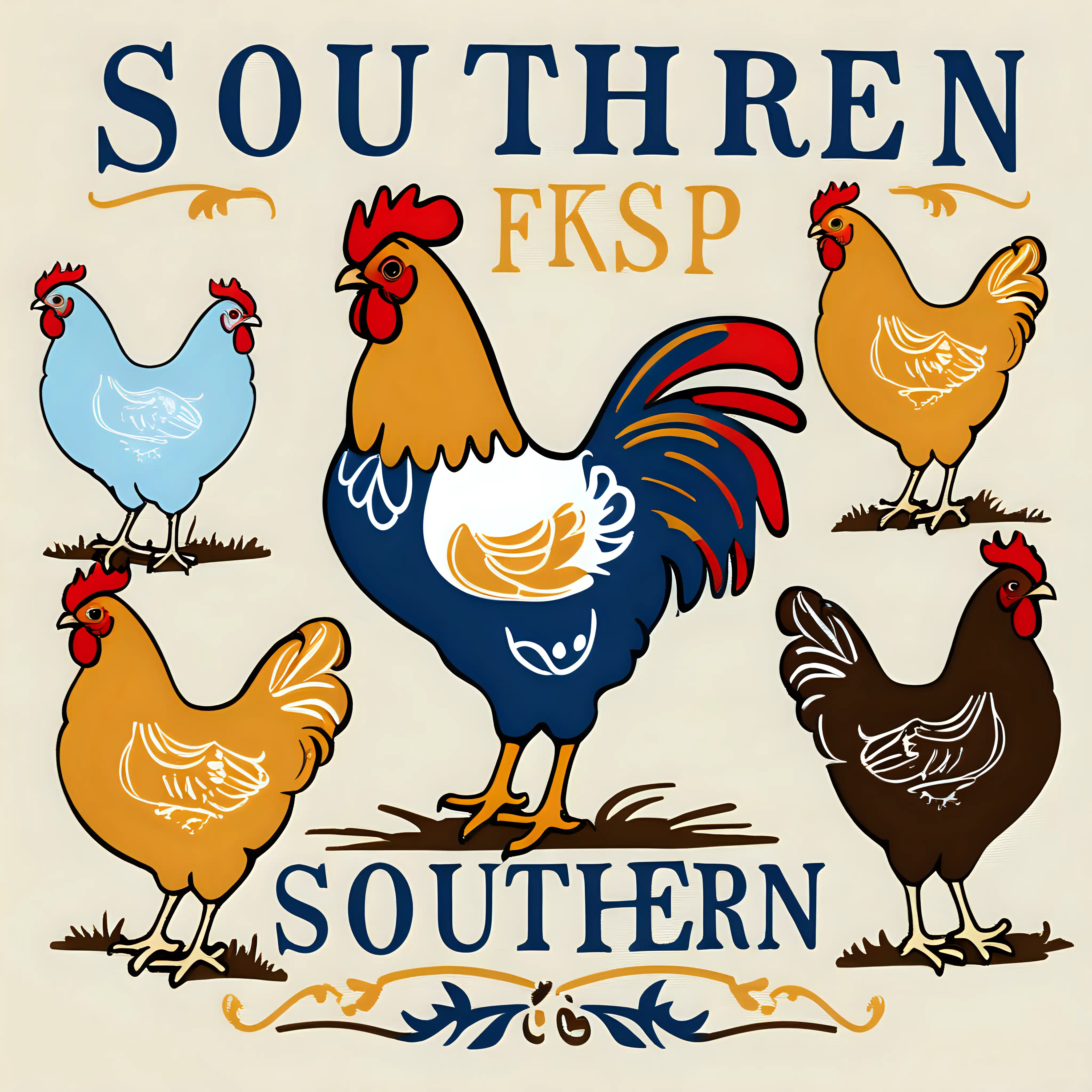 Chicken design, For kids, southern style, country boys, southern kids, 8 colors, with the word “southern” 