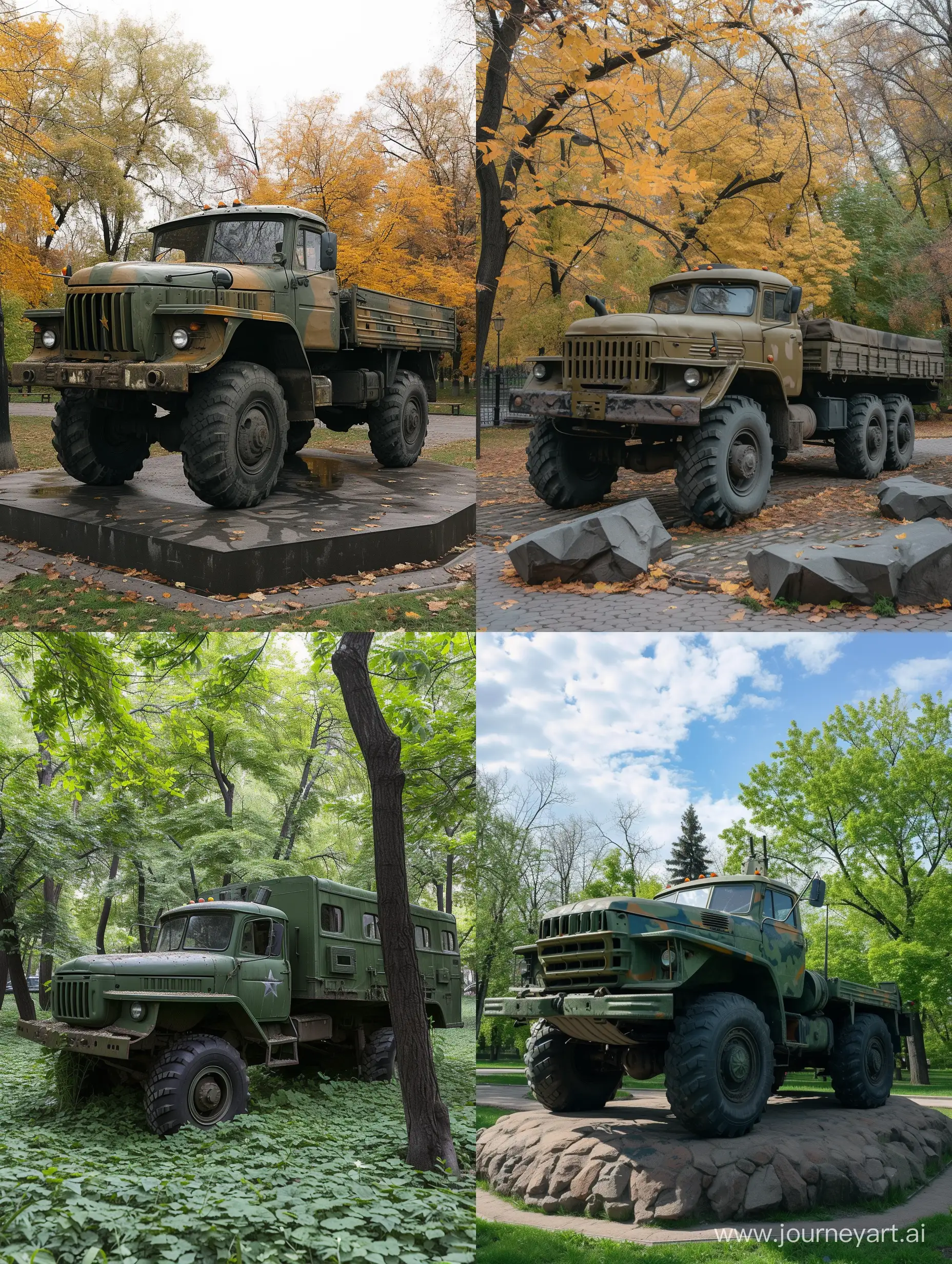 Artistic-Display-of-Military-Trucks-Ural-in-Park-Setting