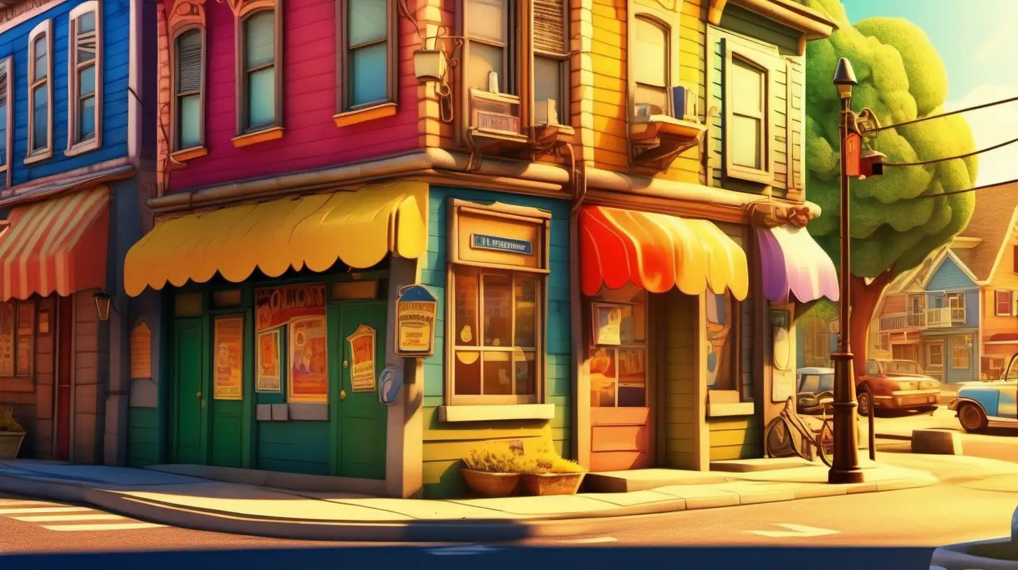 In cartoon style, an up close image of a street corner in beautiful very small town, similar to a Loony Tunes cartoon, with a lot of warm sunlight with vivid colors and lively details, ultra hd, vivid colors, highly detailed, perfect light