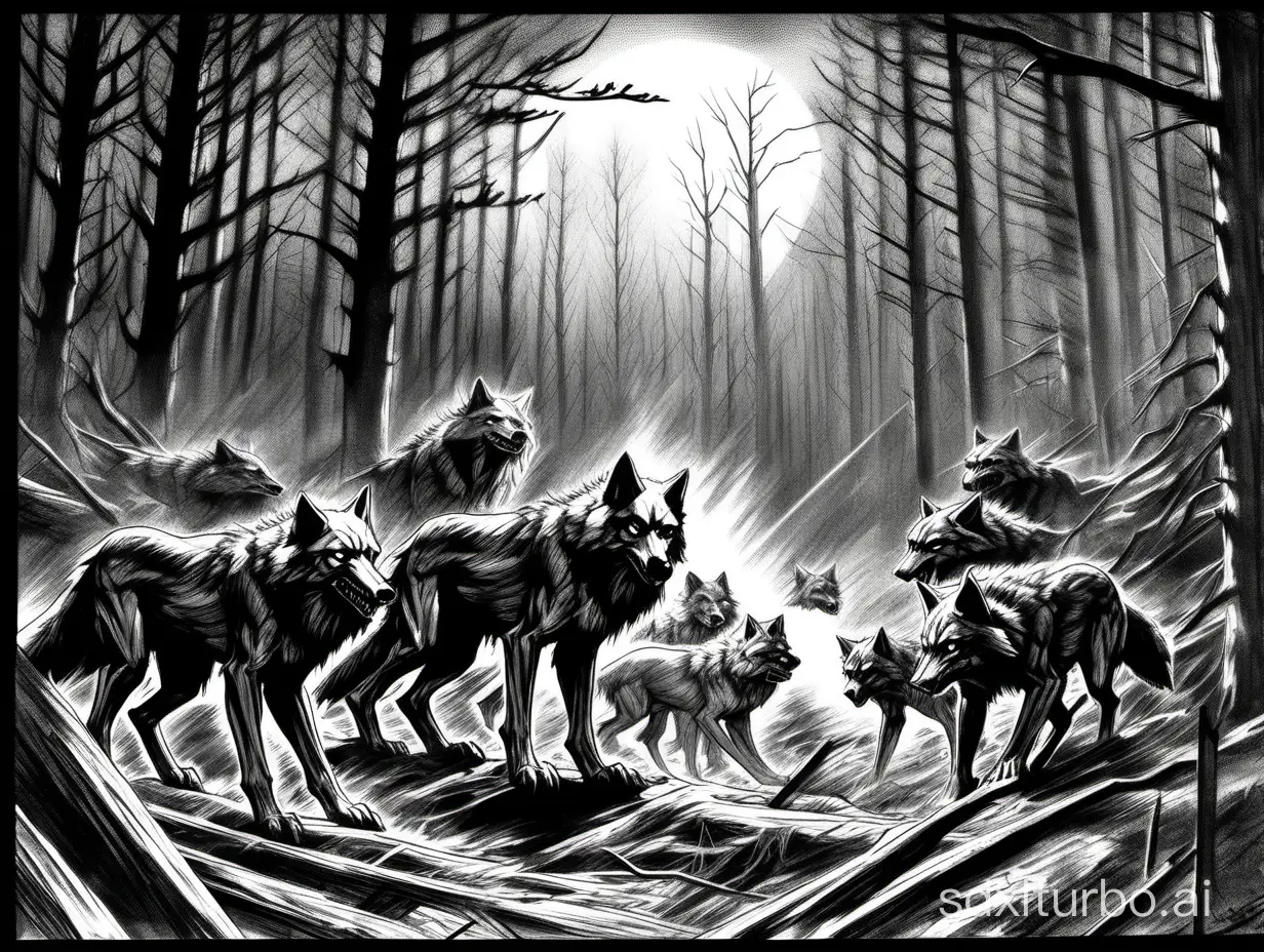 sketch art, wide shot, four wolves stalking, dark forest at night, dread atmosphere,

white background, black and white ink, no gradients, visible cross-hatch, visible sketch lines, 3bit bw, 2px black border, retro 1981,

style of Dungeons and Dragons, by Jeff Easley,