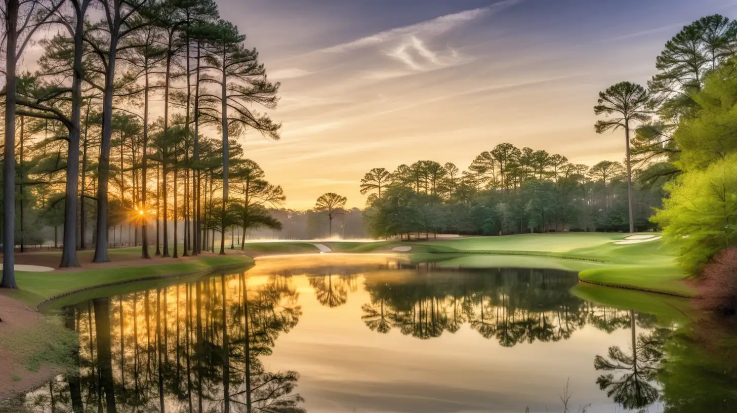 a view of a serene pond at sunrise, near a Augusta national golf course in Georgia, viewed from the bank with trees