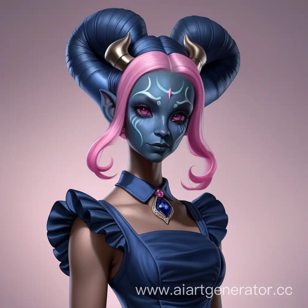 Maid of Honor, female character, alien dark blue aristocrat dress, dark blue skin, pink hair with chignon, horns