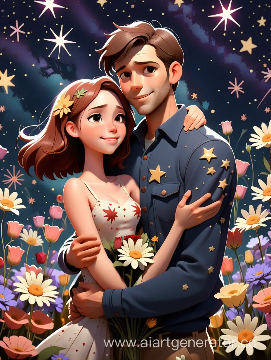 A man holds girlfriend, there are a lot of flowers and stars behind them 