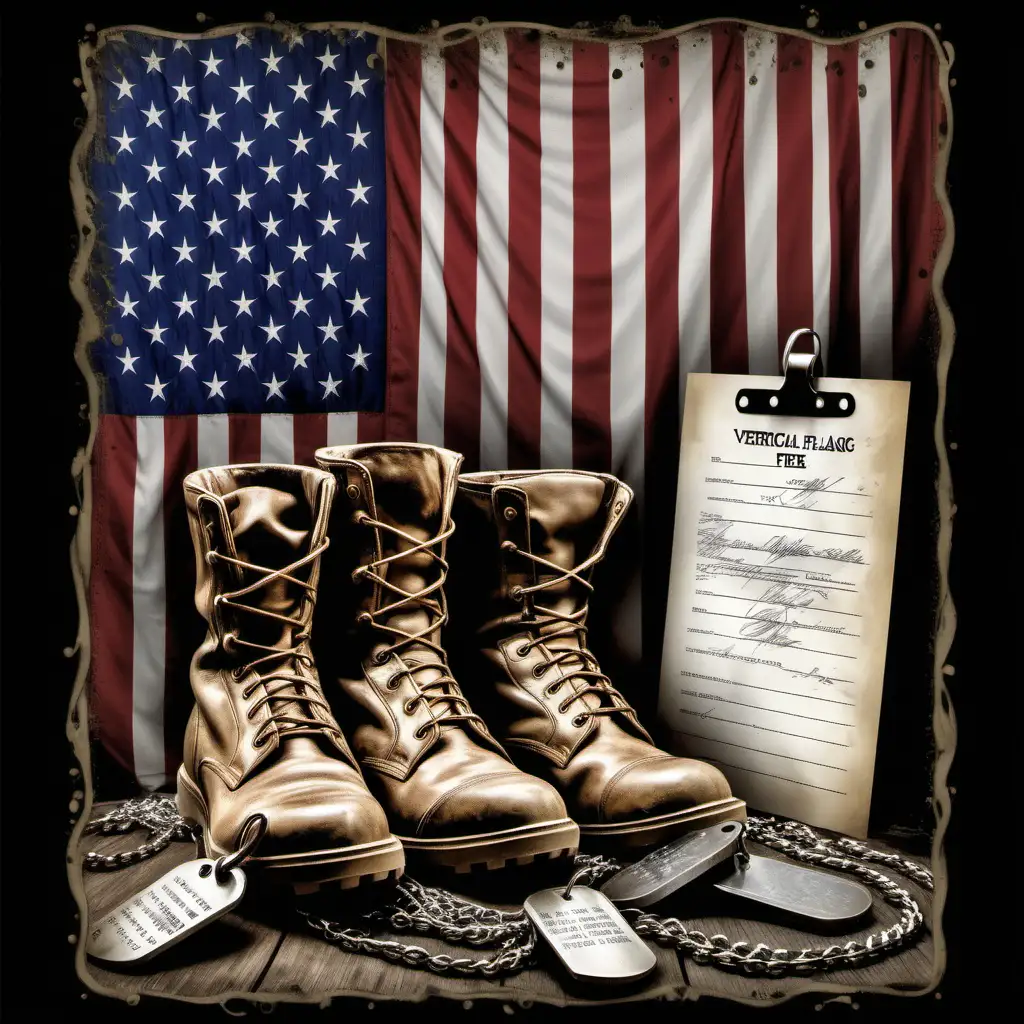 vertical flag with military file, dog tags and boots for falln soldiers for a tee shirt
