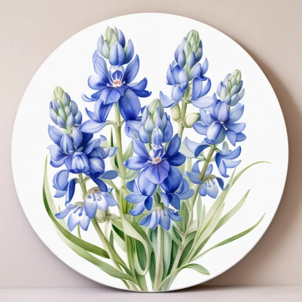 Beautiful Realistic Watercolor Blue Bonnet Bouquet on Round Canvas