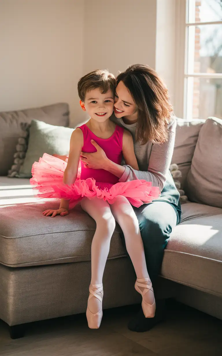 (((Gender role-reversal))), Photograph of a mother and her thin young son, a cute small boy age 7 with little legs, they are sitting together on a large sofa in a bright living room, the mother is giving her boy a hug, she has turned him from an aggressive boy to a sweet little boy by putting him in a bright pink ballerina leotard and tutu dress and tights, the sweet boy is smiling calmly with dimples, adorable, perfect children faces, perfect faces, clear faces, perfect eyes, perfect noses, smooth skin