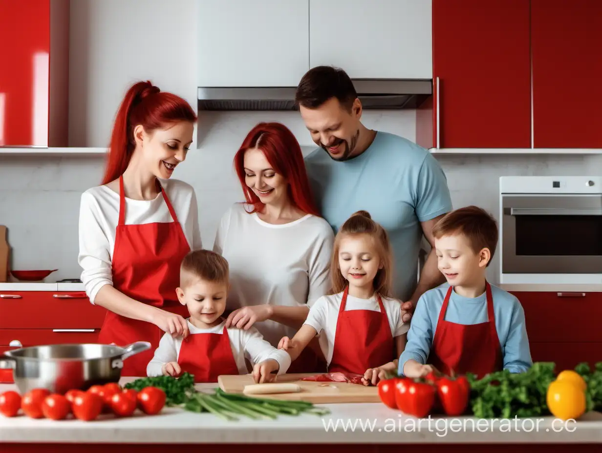 Joyful-Family-Cooking-Together-in-a-Vibrant-Red-Kitchen