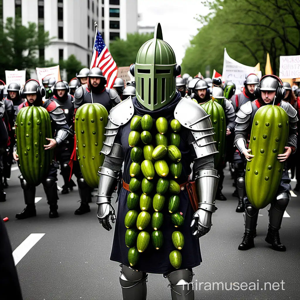 A knight wearing headphones and an army of pickle knights at a protest against censorship