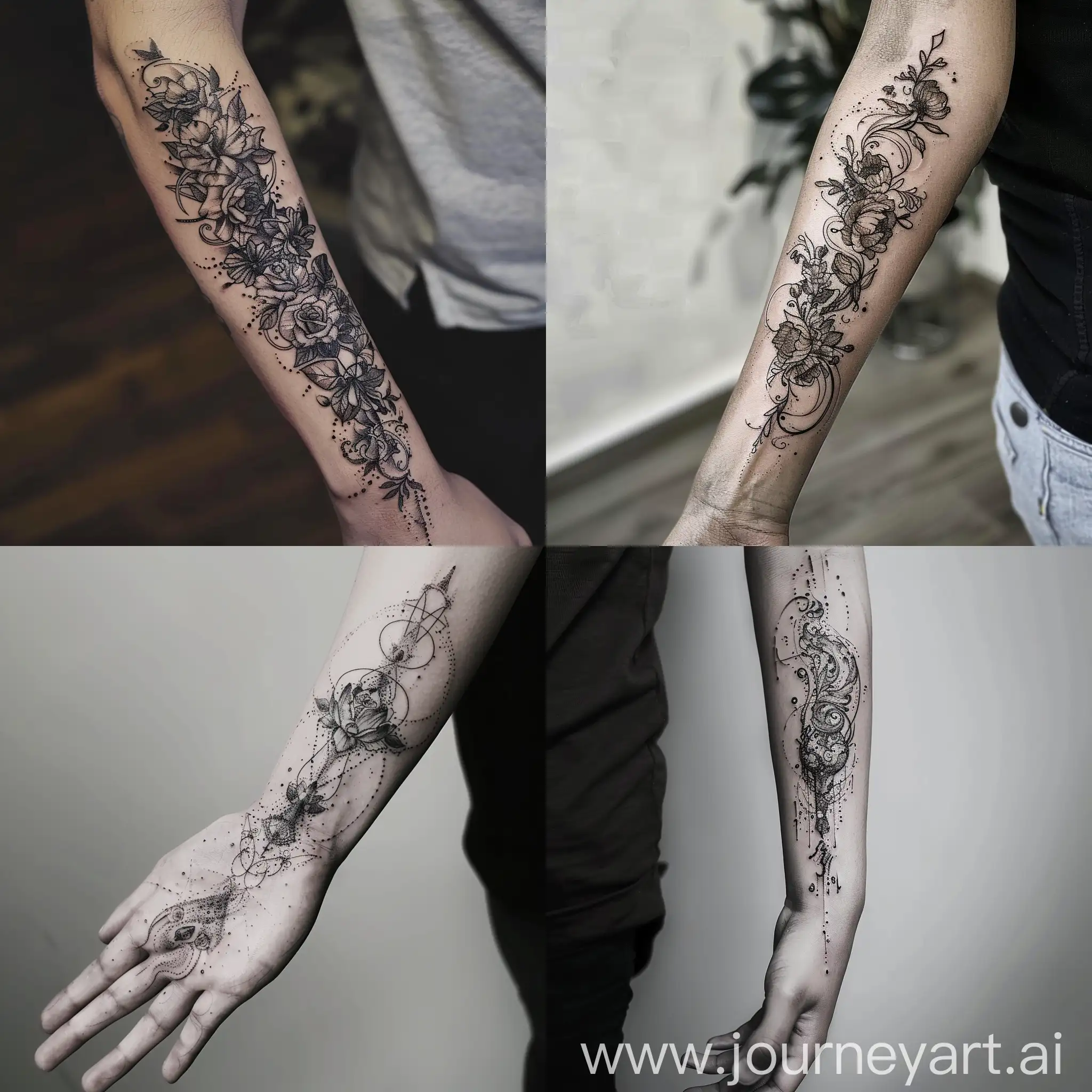 Forearm with tattoo fading away and transforming into another tattoo.
