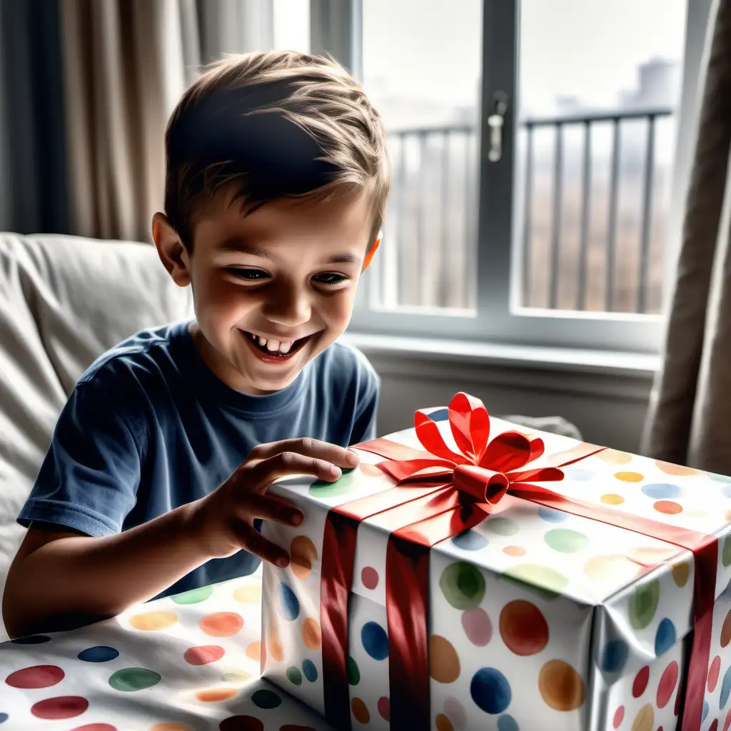 A kid opening a round present at home, the kid smiles with ilusion, portrait watercolor style, hyper realist photograph, ultra detailed