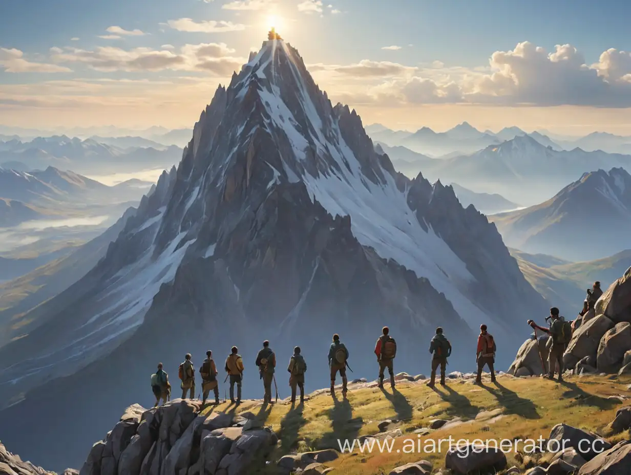 Group-of-People-Standing-on-Mountain-Summit-Overlooking-Vast-Horizon