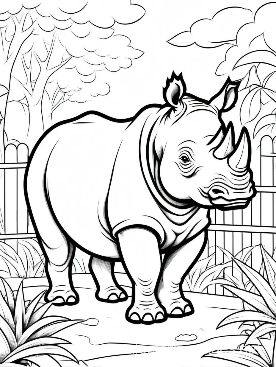 Cute Rhino in a zoo, Coloring Page, black and white, line art, white background, Simplicity, Ample White Space. The background of the coloring page is plain white to make it easy for young children to color within the lines. The outlines of all the subjects are easy to distinguish, making it simple for kids to color without too much difficulty