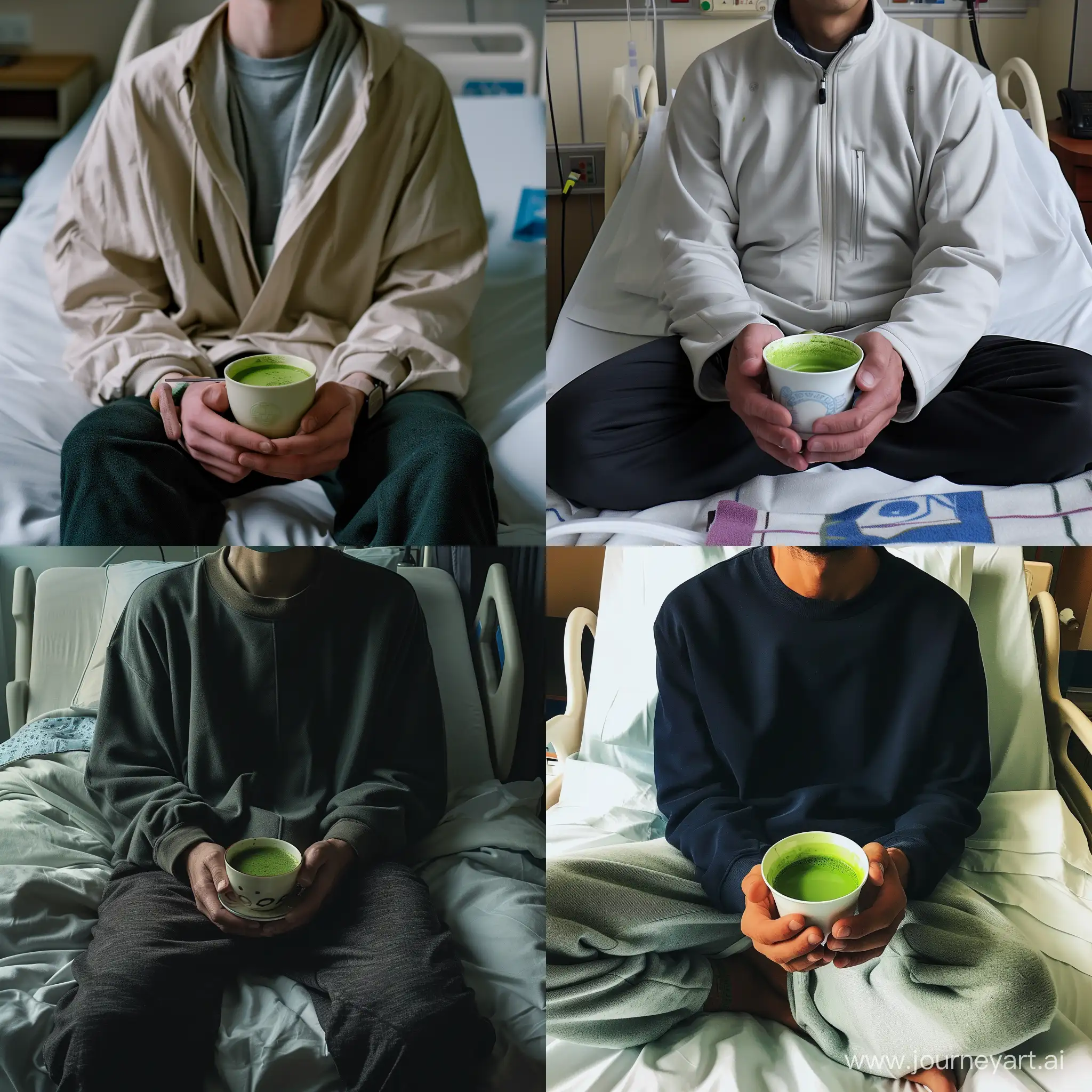 Real and natural photo of a man sitting on a bed in a hospital room holding a cup of matcha tea. Full details of hands, body, face, clothes, cup of matcha tea.