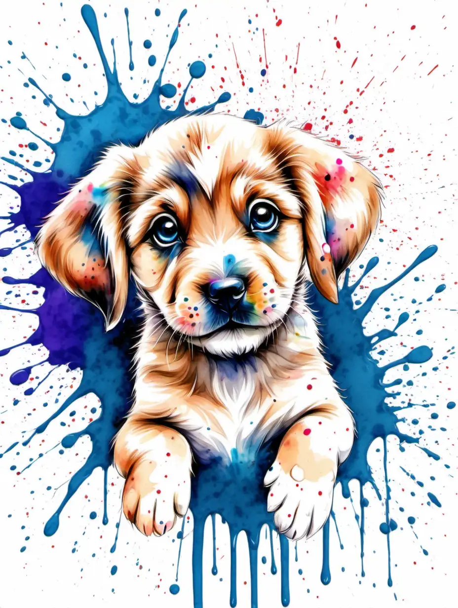 cute puppy face, colour splatter, water colour