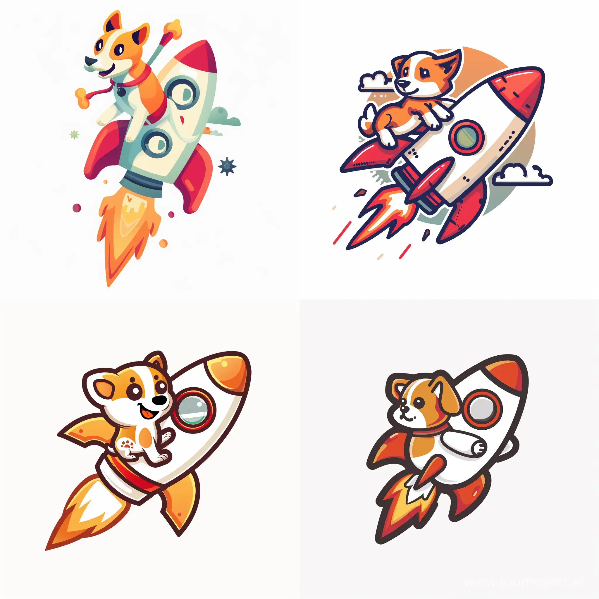 a dog riding a rocket , vector logo, vector art, emblem, simple, cartoon, 3d, white background 