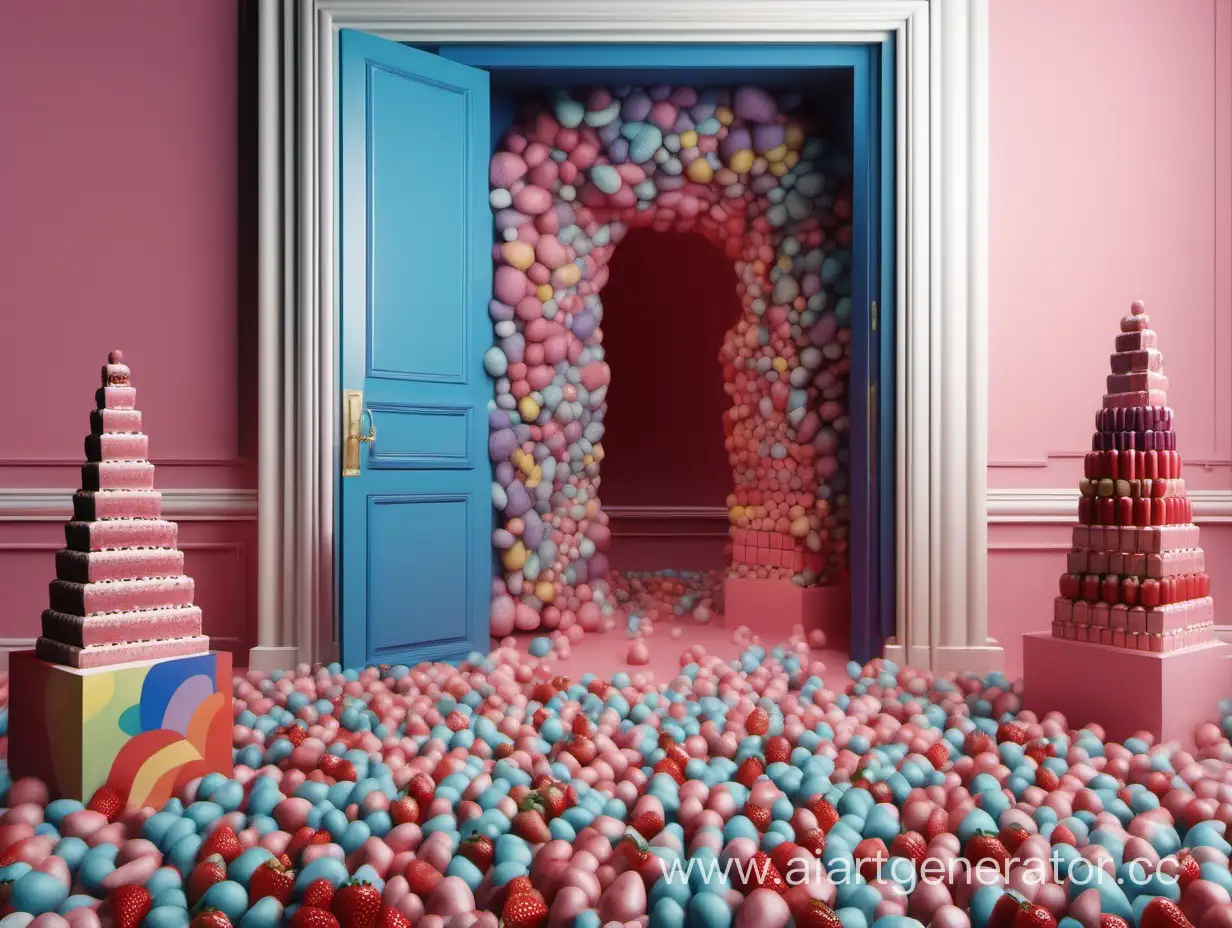 Colorful-3D-Objects-Spilling-from-Open-Door-Gifts-Berries-Cakes-and-More