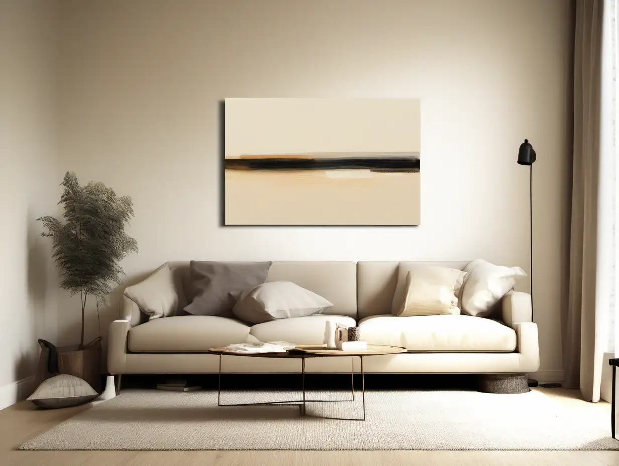 horizontal 4:3 painting small, on wall, minimalist living room, sofa, comfy, cosy, light, beige