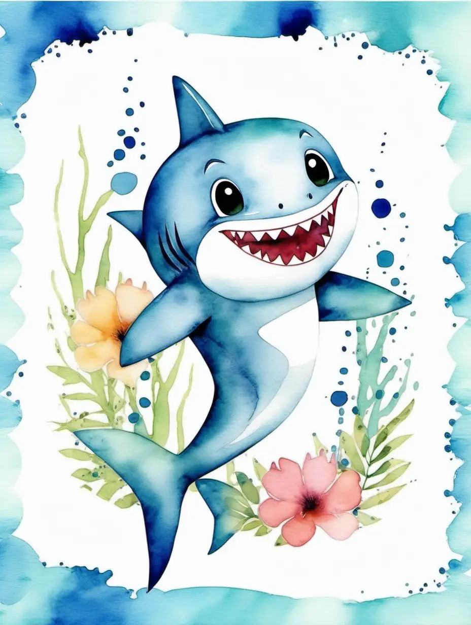 Adorable Watercolor Baby Shark Nursery Poster