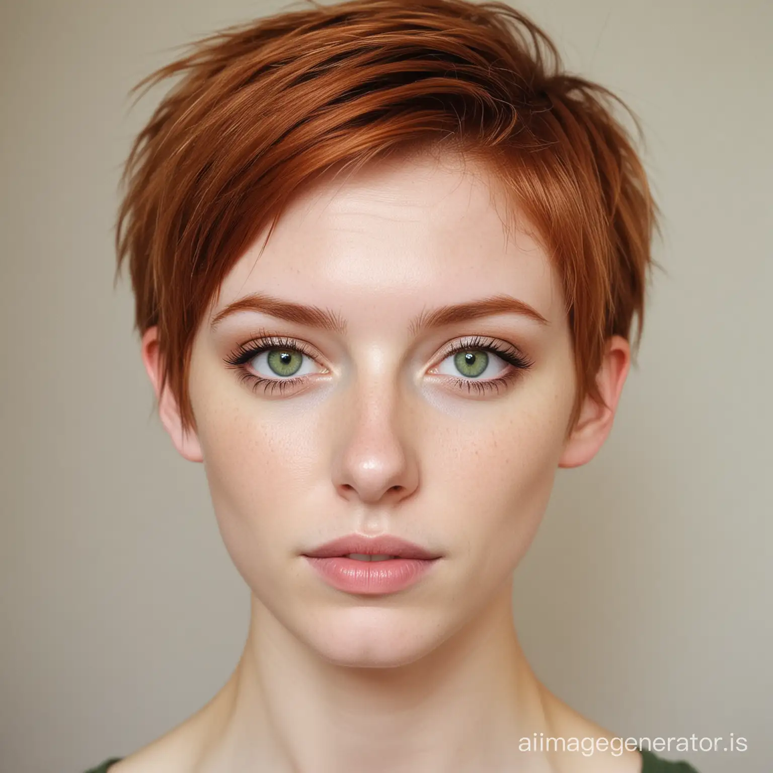 skinny girl, white skin, short ginger hair, green eyes