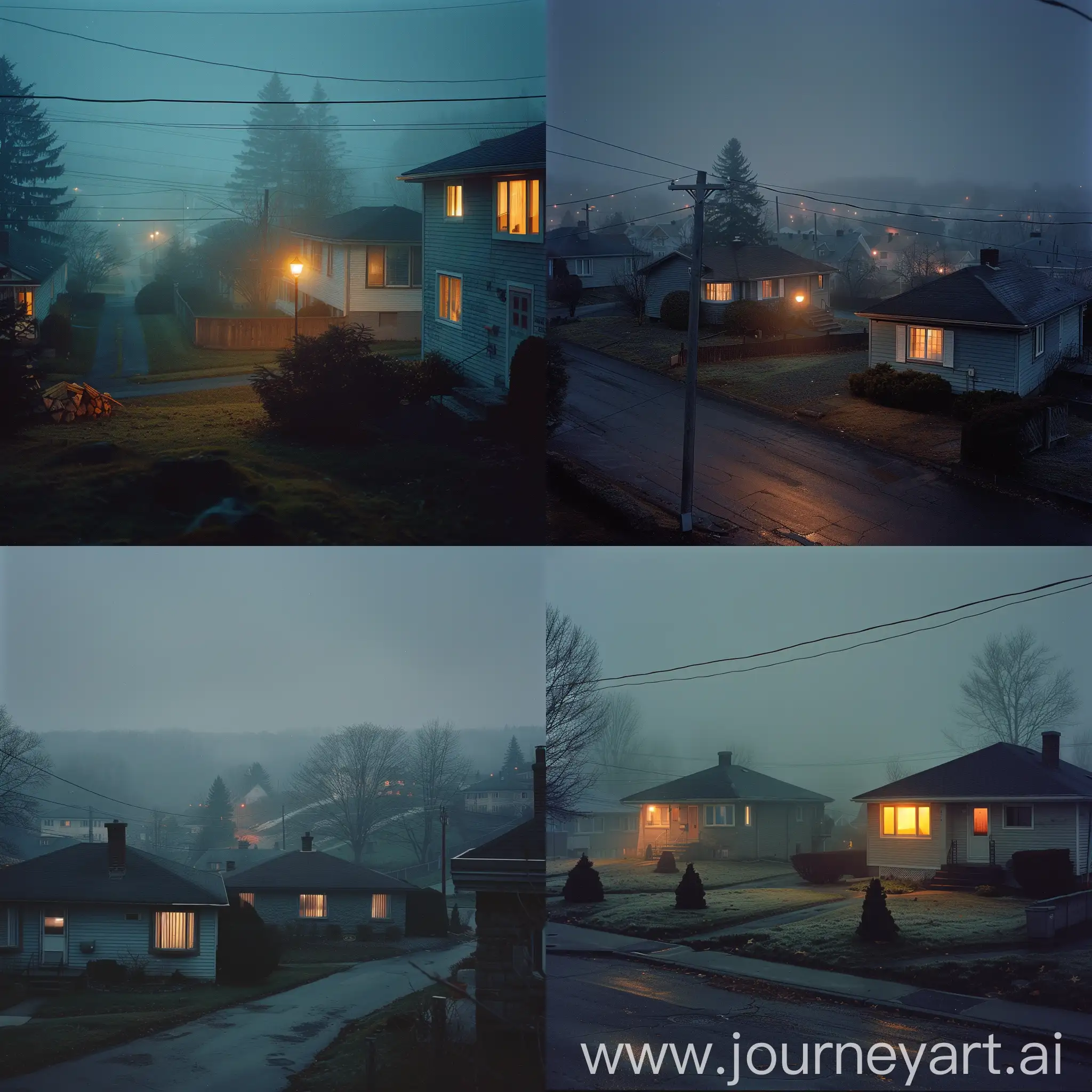depict a photograph made on large format film camera with portra 800 of a residential neighborhood with quebec 1950's bungalows  interior light on and moody fog at night. Inspired by todd hido