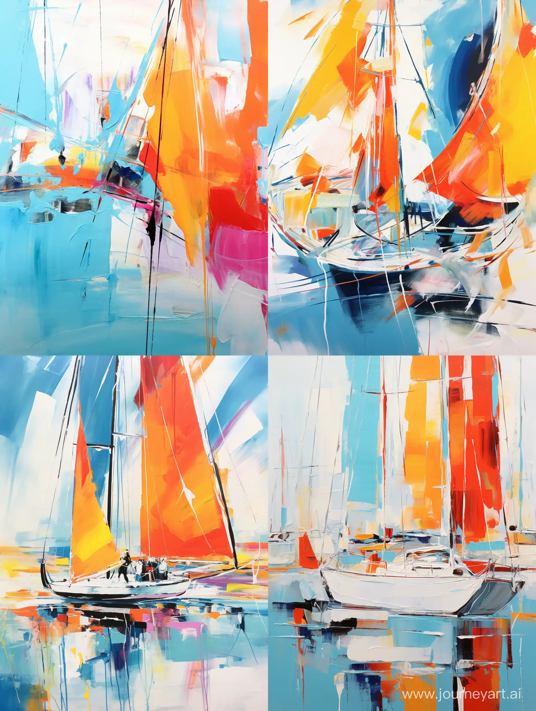 живопись в стиле Karen Stamper яхты в марине бирюзовый цвет, яркие цвета, оранжевый, желтый, черный, красный,  белый в стиле абстракции