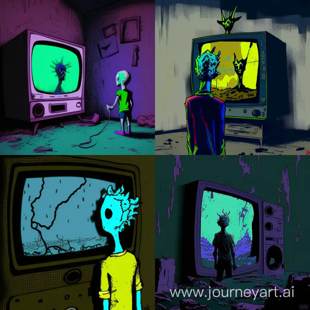 2d style,Hylics the game, style, clay, man in dark surreal dungeon, window, television, surrealism, strange bright colors, psychedelic, pale colors, 