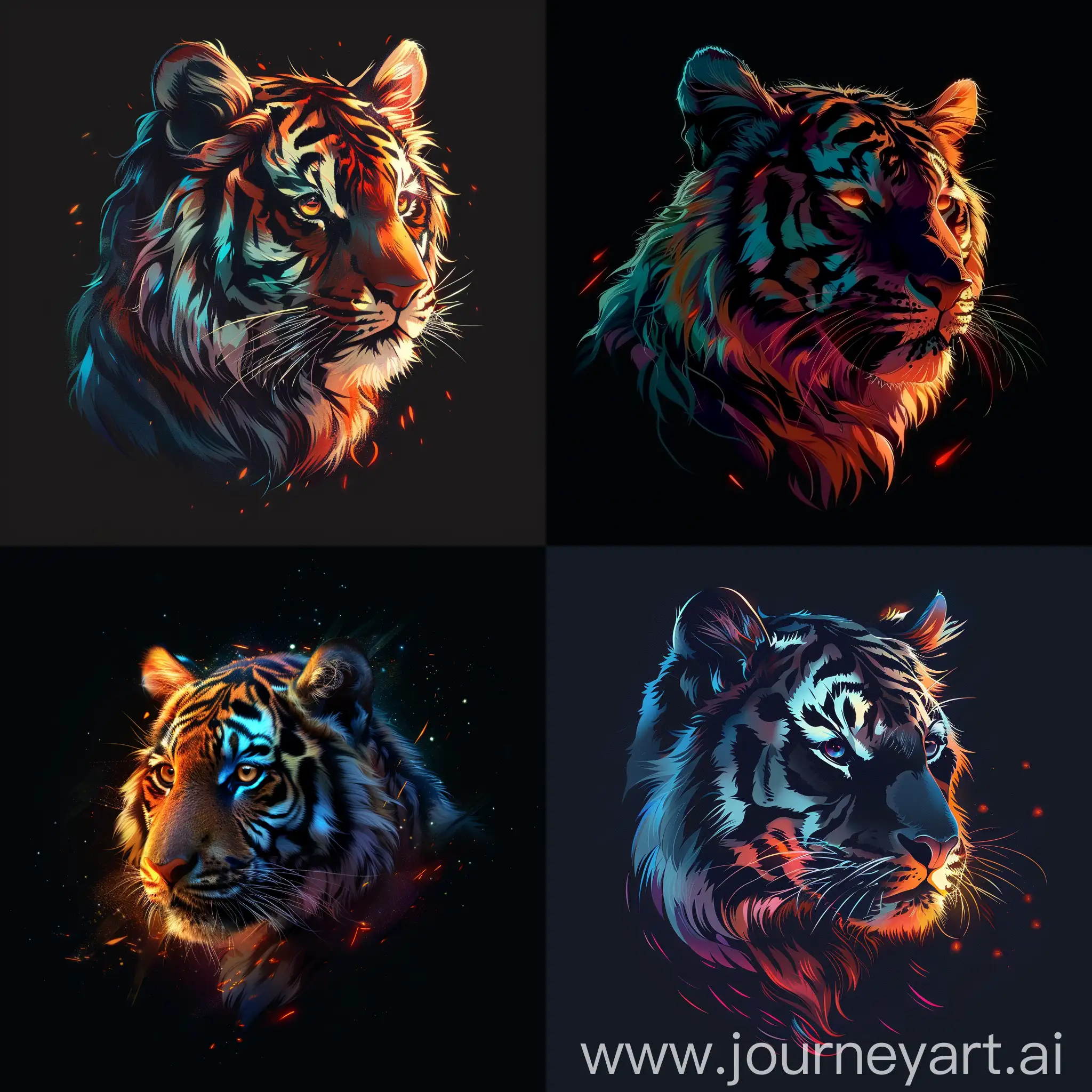 Modern crisp anime portrait of a Tiny tiger. Black background with vivid colors and glowing orange