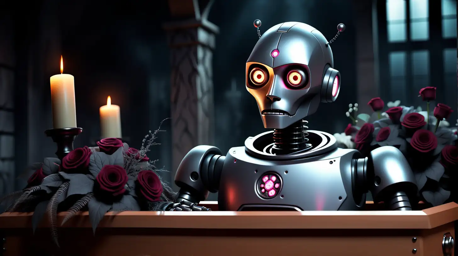 Emotional Robot Funeral Scene with Moody Lighting