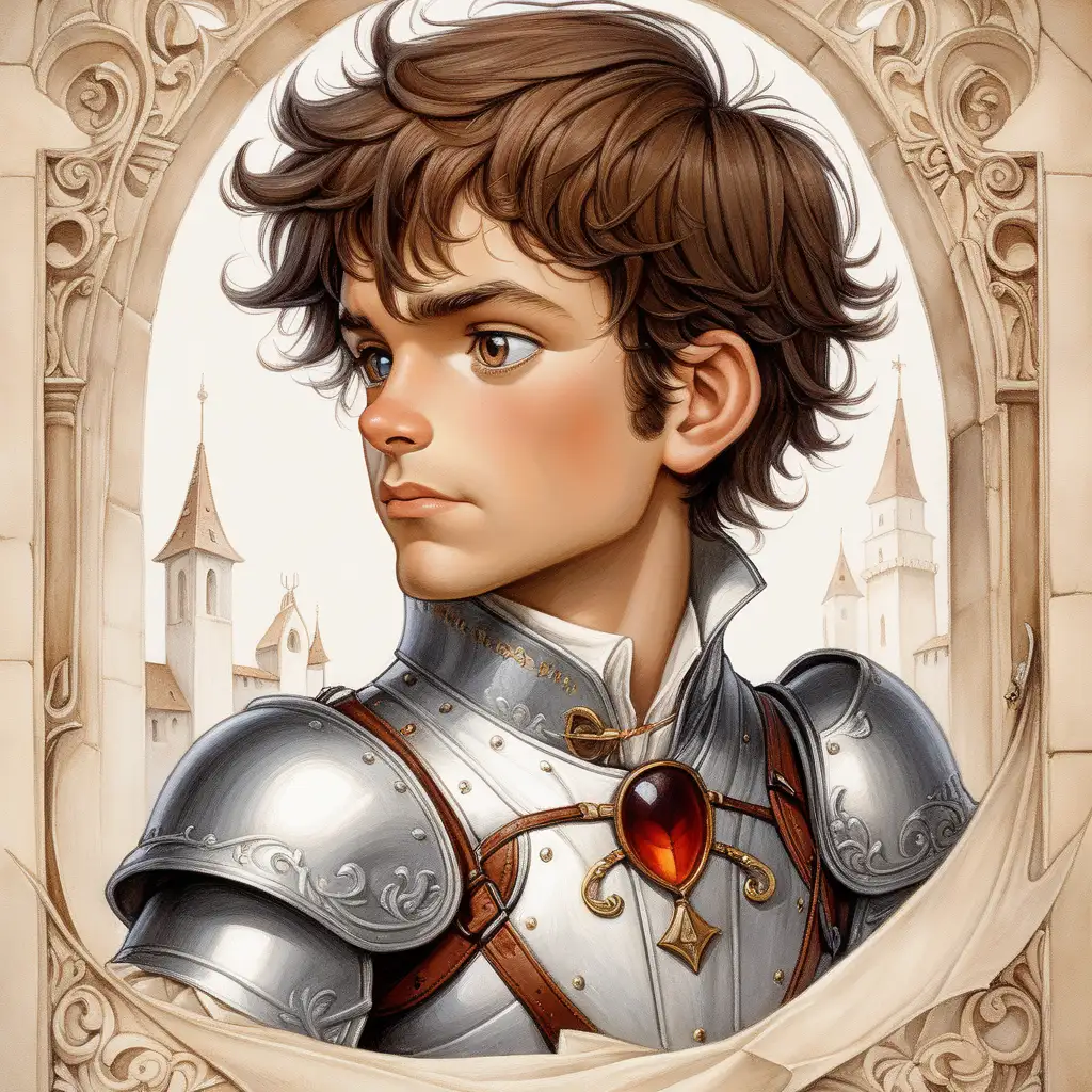 A charming three year old prince boy with dark brown hair and wonderfully large, expressive brown eyes and slightly protruding ears, opening a treasure chest and looking inside, medieval setting. The background shows a Halloween hallway, he is wearing silver knight armor and a red shirt underneath. The goal is a Disney-style but different enough to be unique
