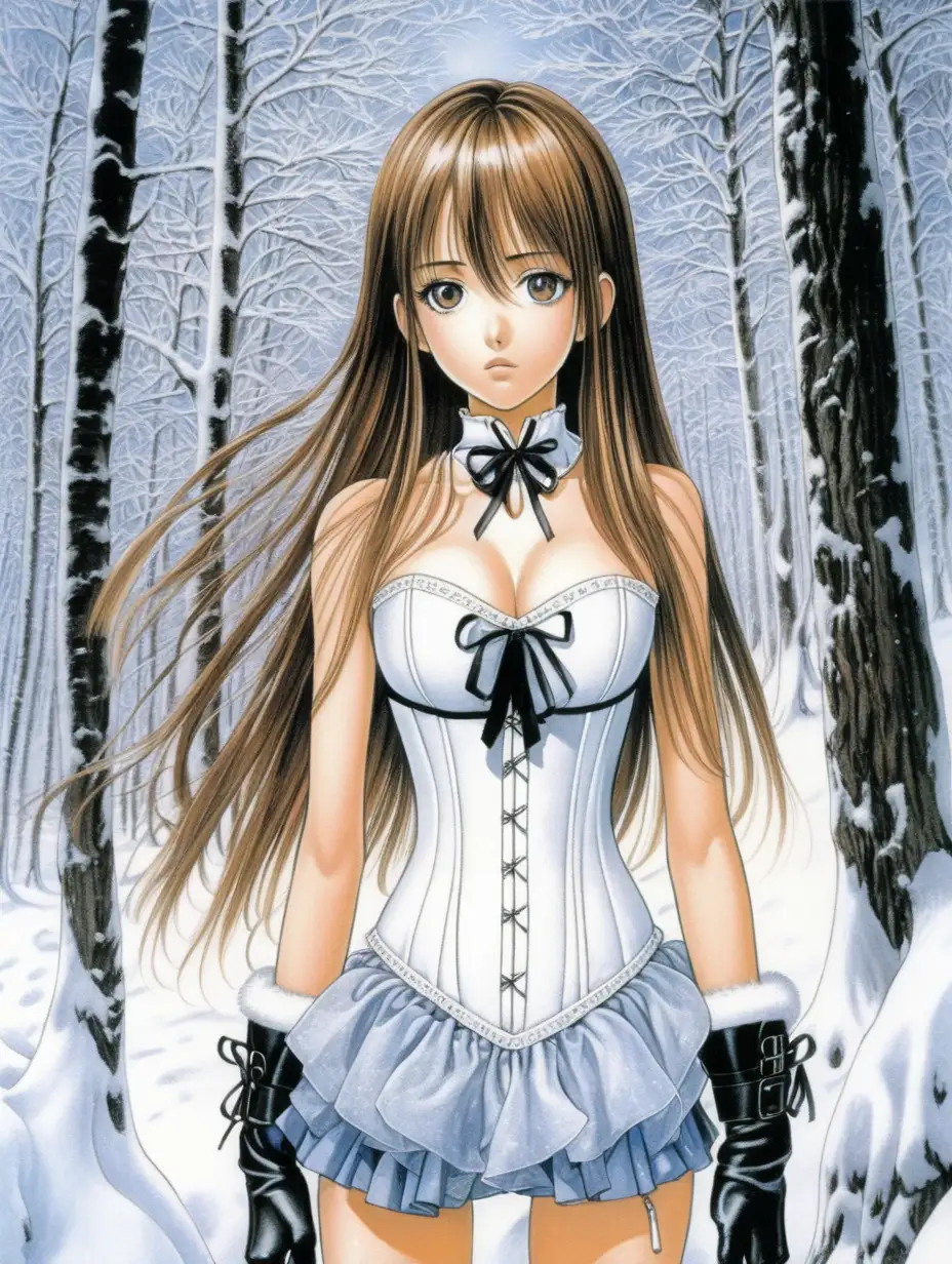 Chica mira al espectador, tiene el pelo largo y es delgada , tiene un corset blanco , solo se le ve la cara , esta en un bosque llena de nieve . Estilo artístico de Takeshi Obata para una ilustracion de manga